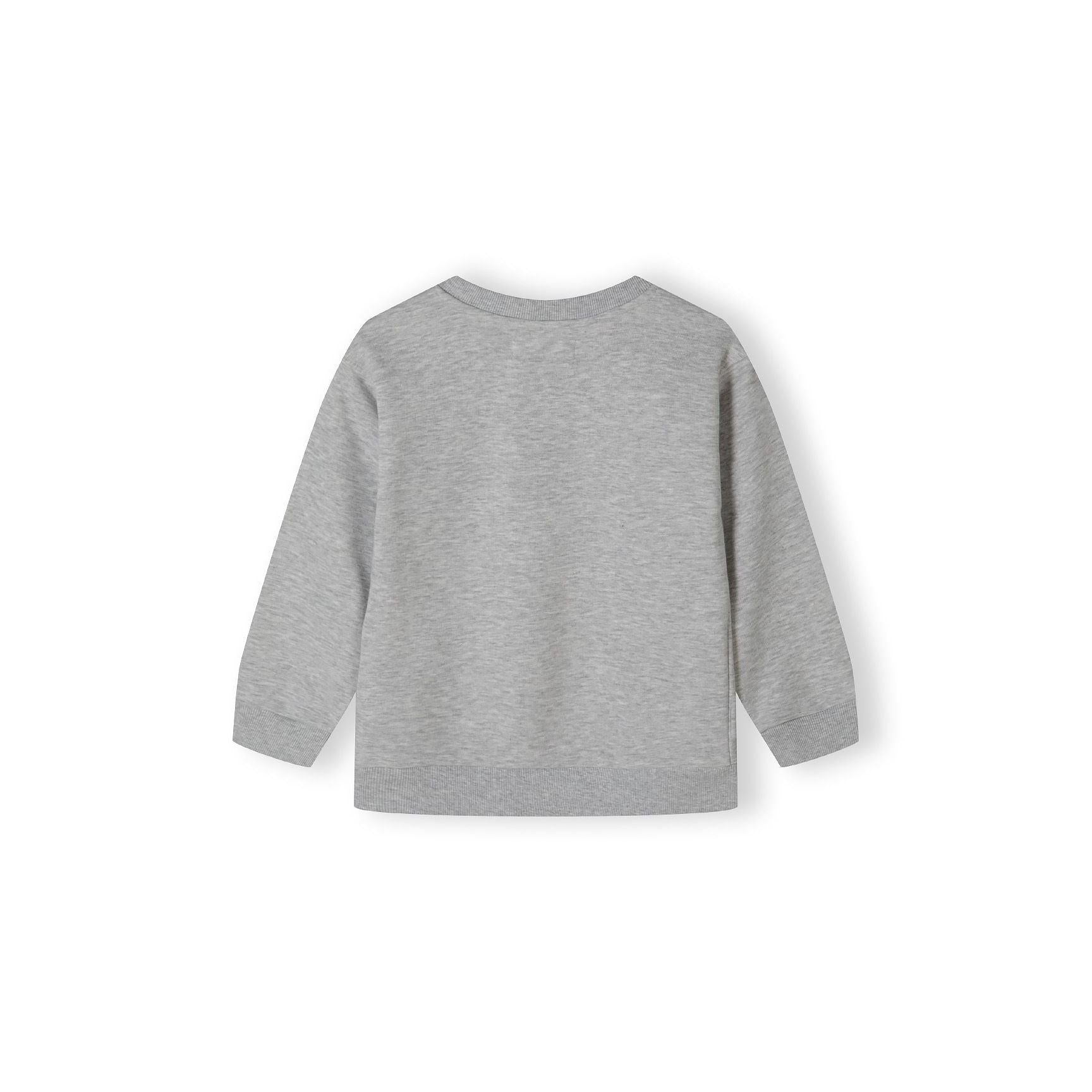 Back view of grey crew neck sweatshirt laid flat showing plain grey design with ribbed neckline and cuffs