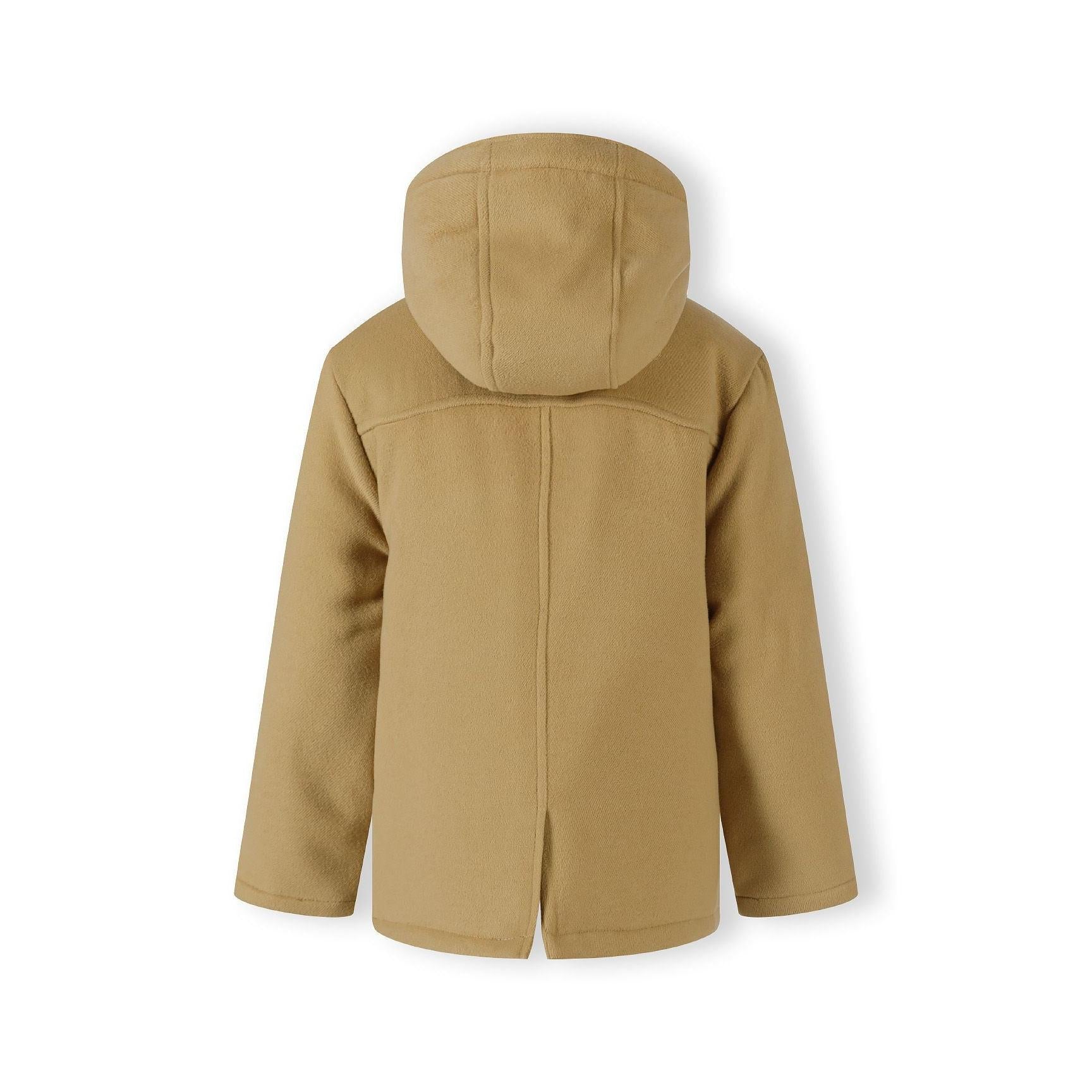 Back view of beige duffle jacket showing quilted lining detail and hood construction on white background