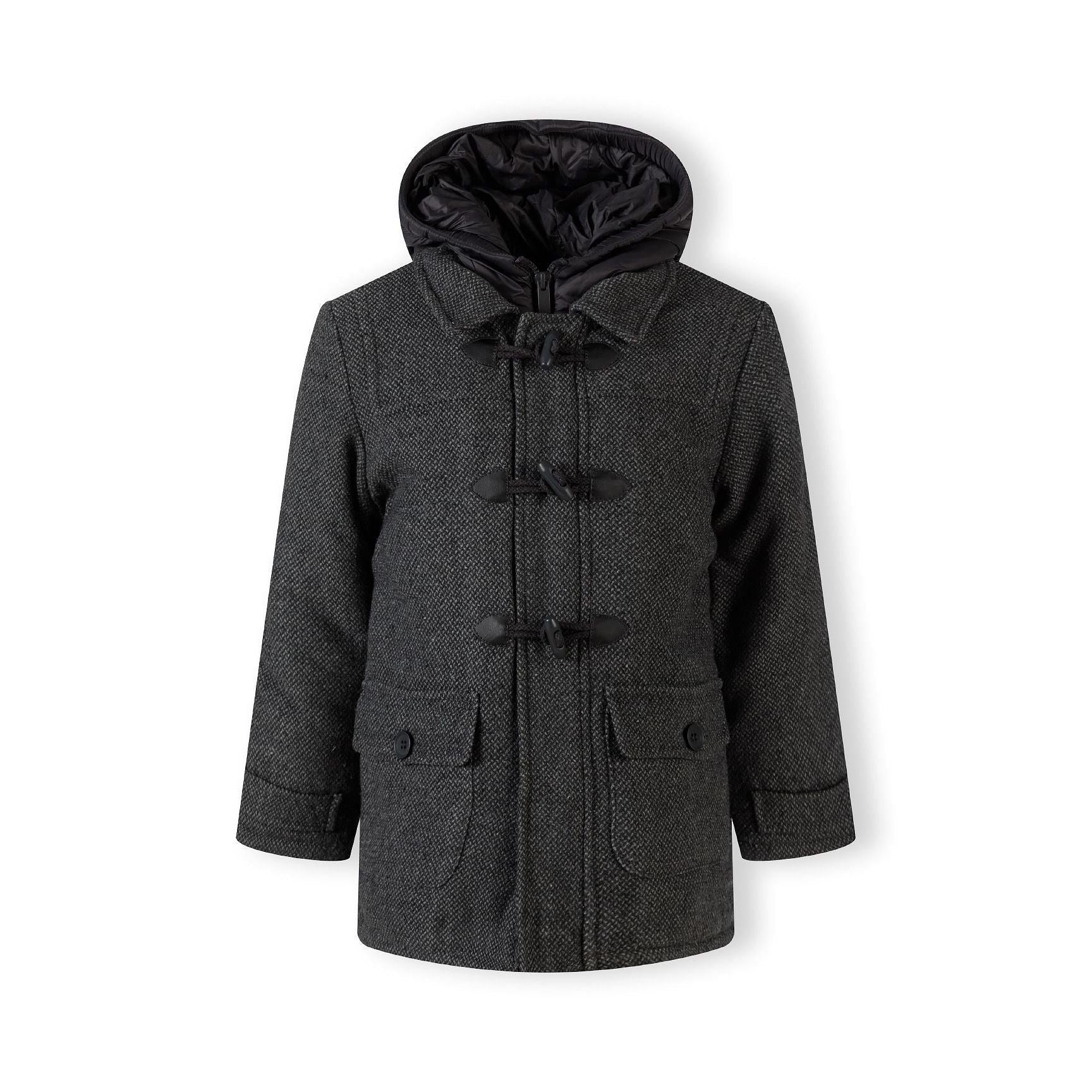 Back view of grey tweed duffle coat showing nylon hood and overall silhouette on white background