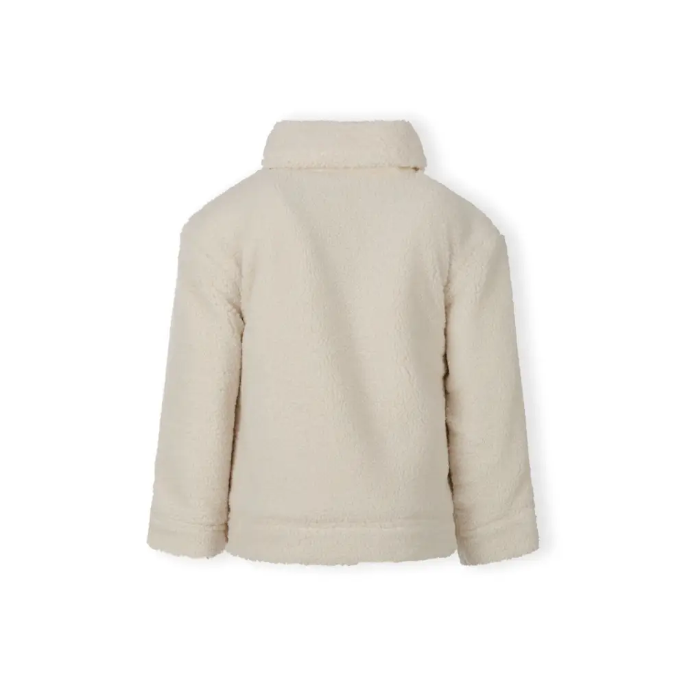 Back view of cream teddy borg jacket showing soft fleece texture and relaxed fit, laid flat on white background