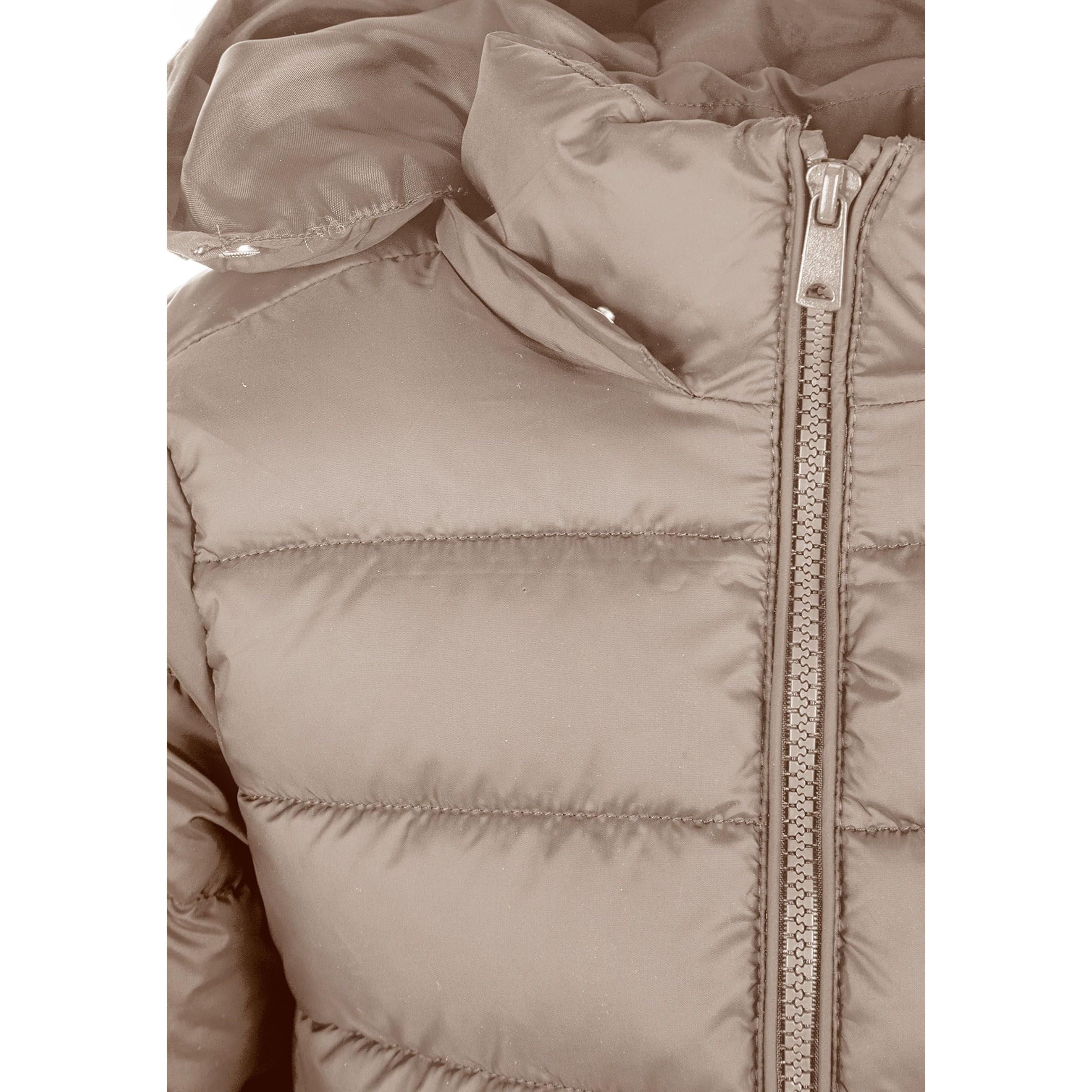 Close-up detail of beige quilted jacket showing horizontal quilted panels, full zip closure and hood attachment, neutral background