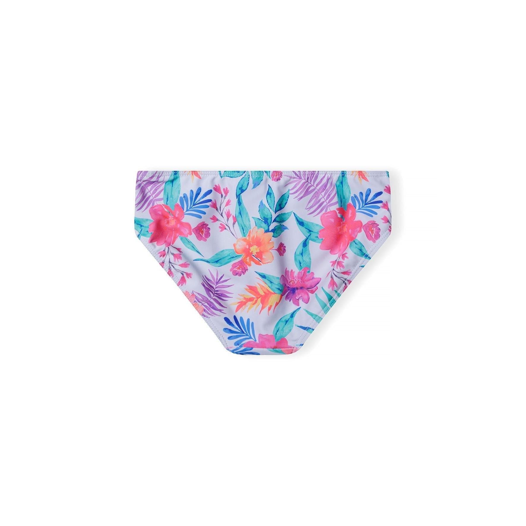 Detail shot of tropical floral bikini showing ruffled strap construction and vibrant hibiscus flower print in pink, coral and turquoise colors