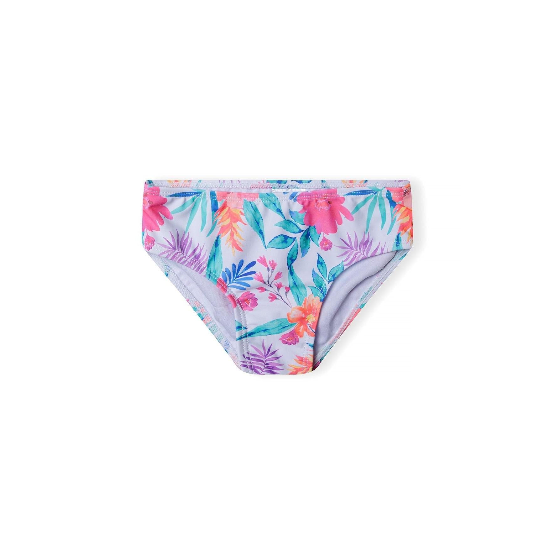 Detail shot of tropical floral bikini showing ruffled strap construction and vibrant hibiscus flower print in pink, coral and turquoise colors