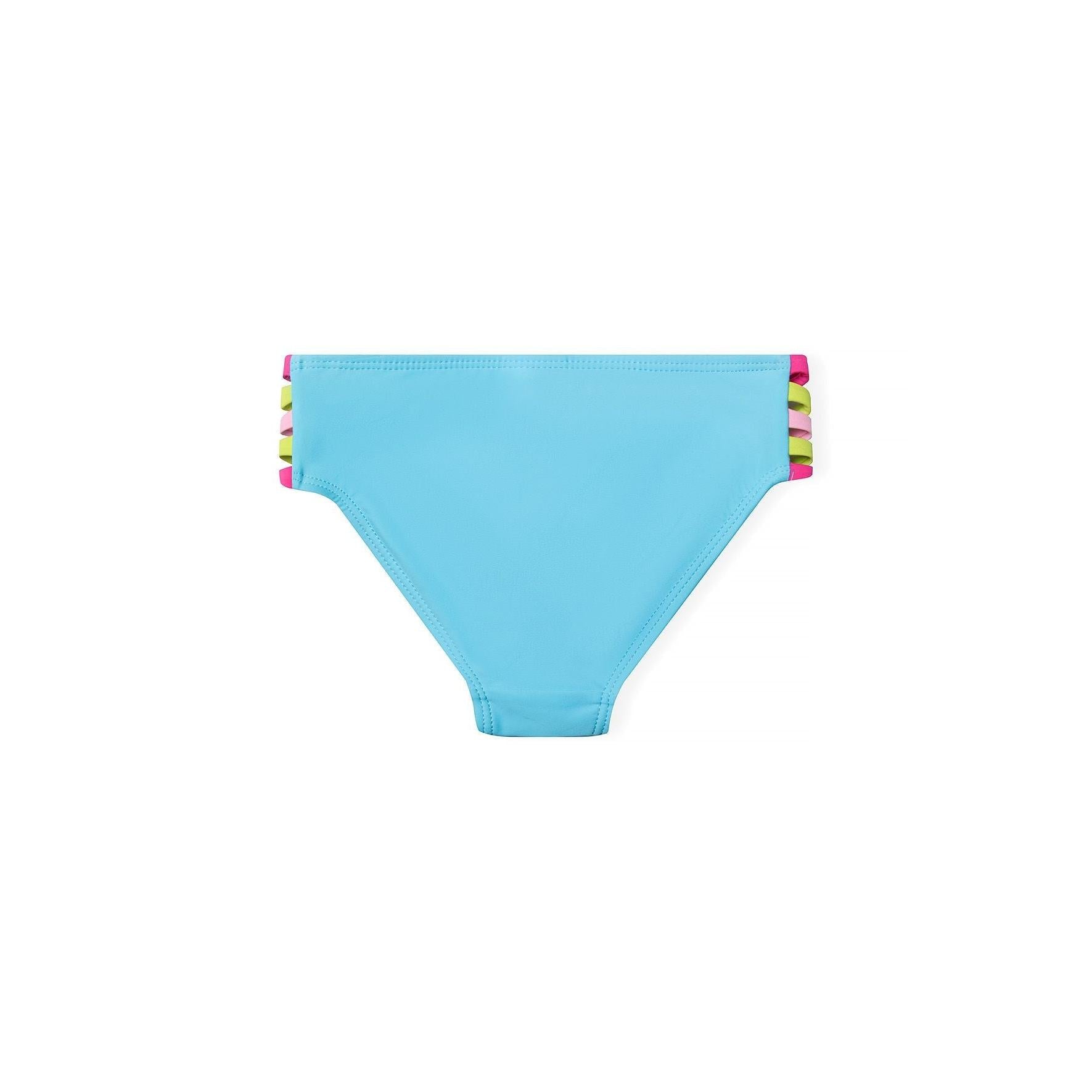 Close-up detail of rainbow coloured elastic straps crossing over turquoise bikini fabric, showing construction and colour variety
