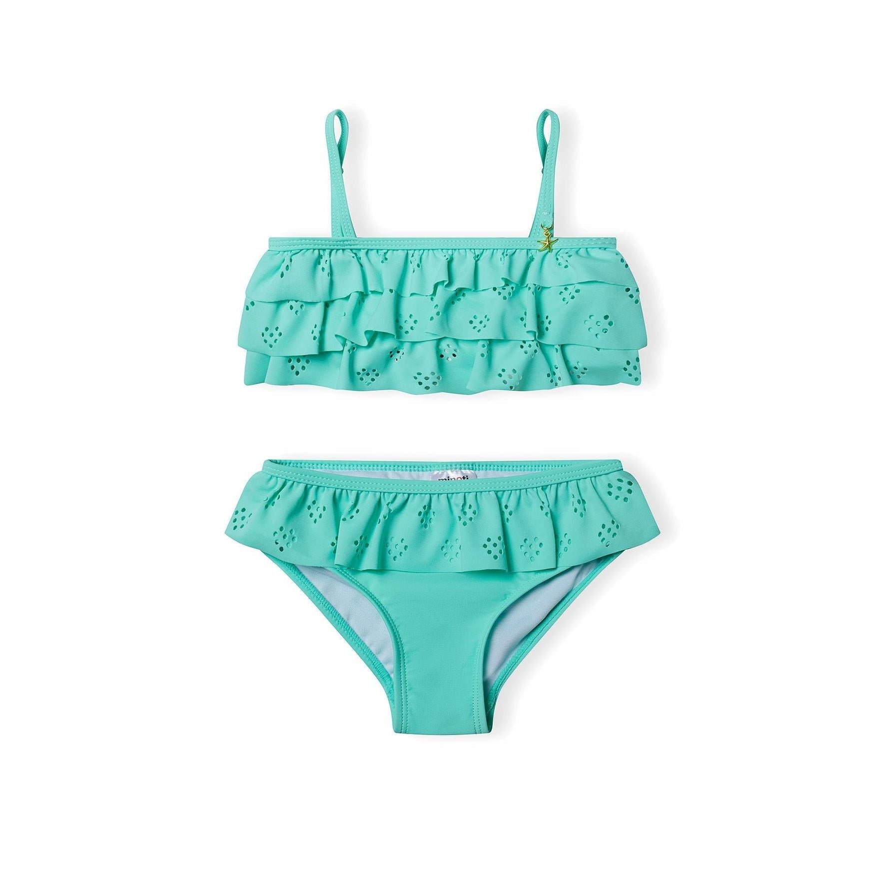 Mint green two-piece bikini set with eyelet details and tiered ruffles on white background