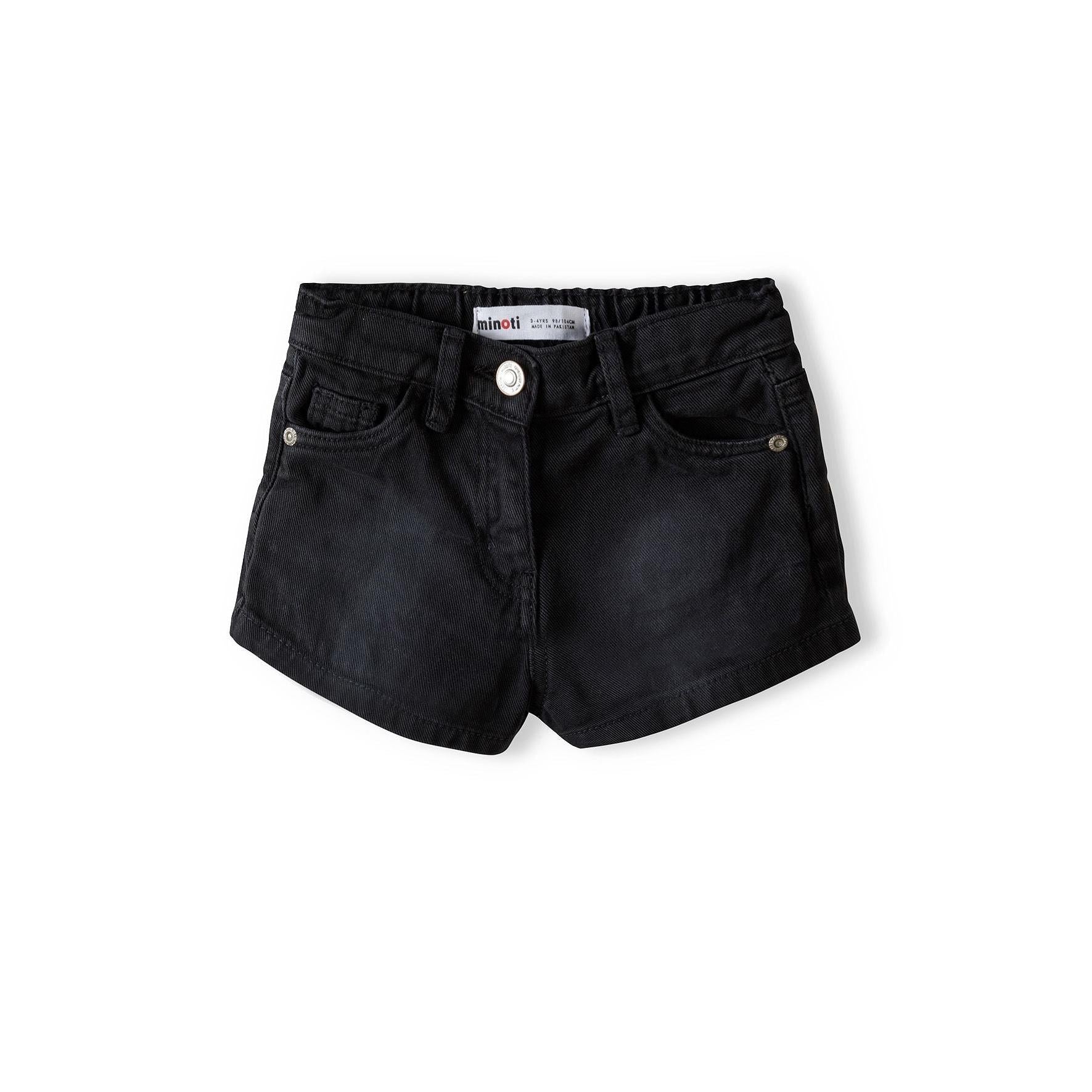Black acid wash denim shorts laid flat showing front view with white button closure, front pockets and Minoti label on white background