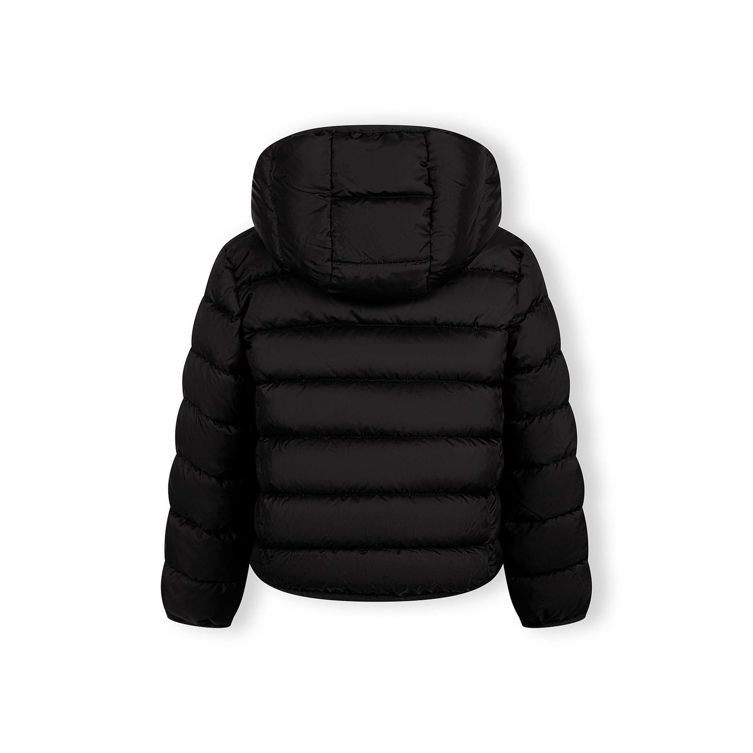 Close-up detail of black quilted fabric texture with zip fastening and hood construction