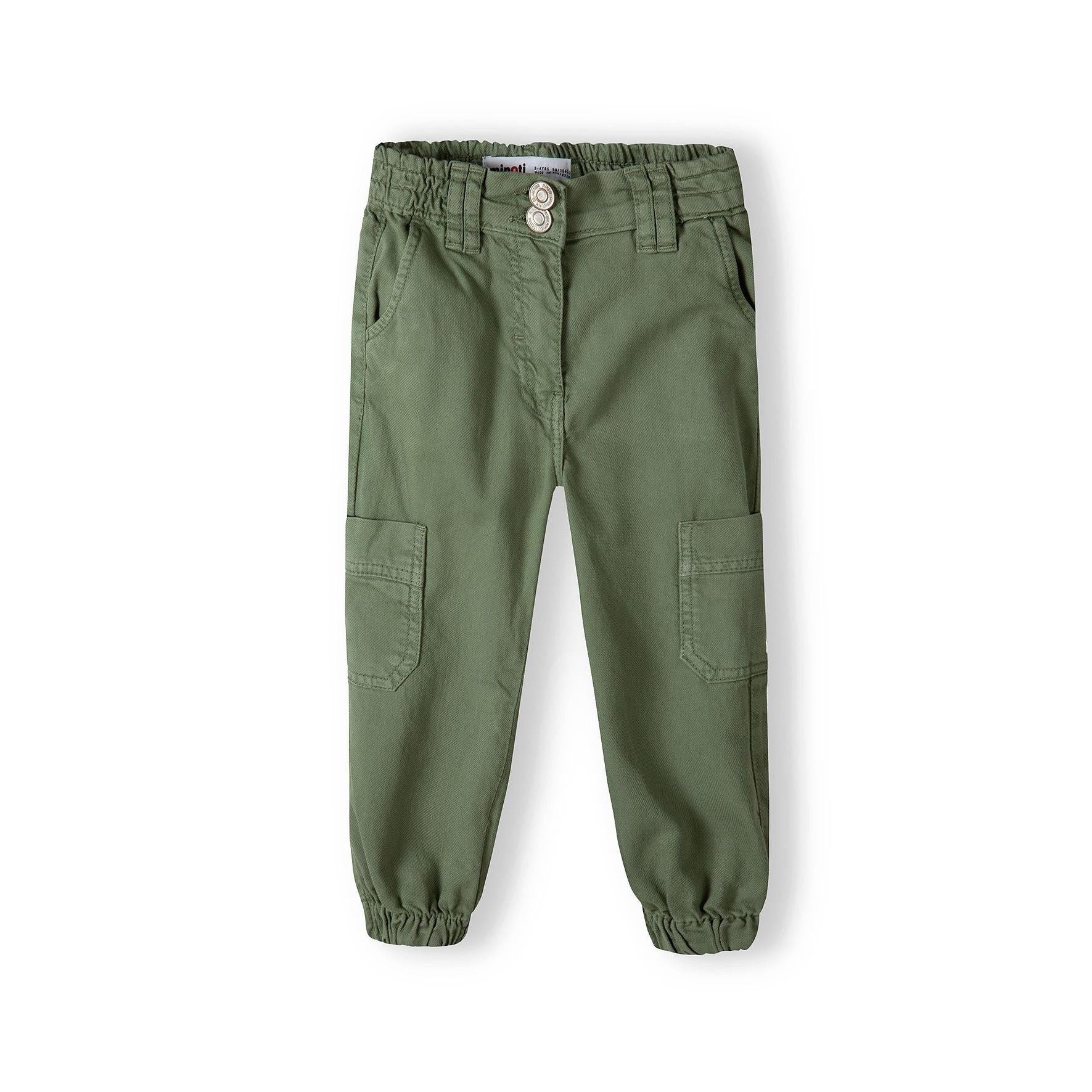 Front view of khaki cargo trousers with elastic waistband, side pockets and cuffed ankles on white background