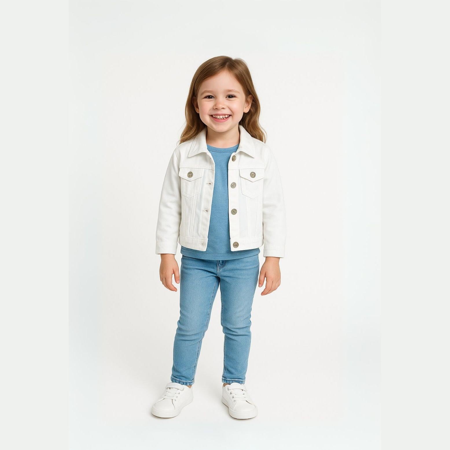 Young girl wearing white acid wash denim jacket over blue top and jeans, standing against white background with cheerful smile