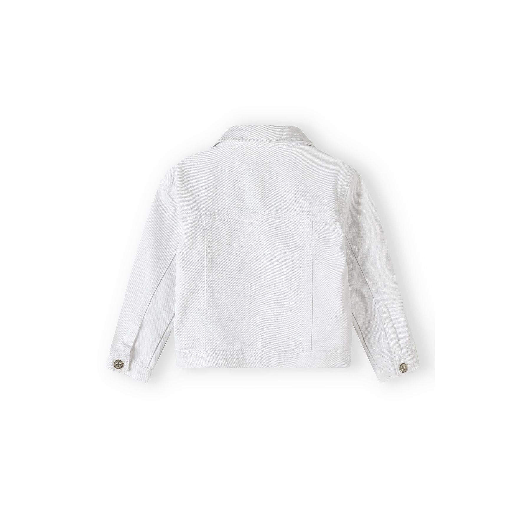 Back view of white acid wash denim jacket laid flat showing classic collar and seaming details