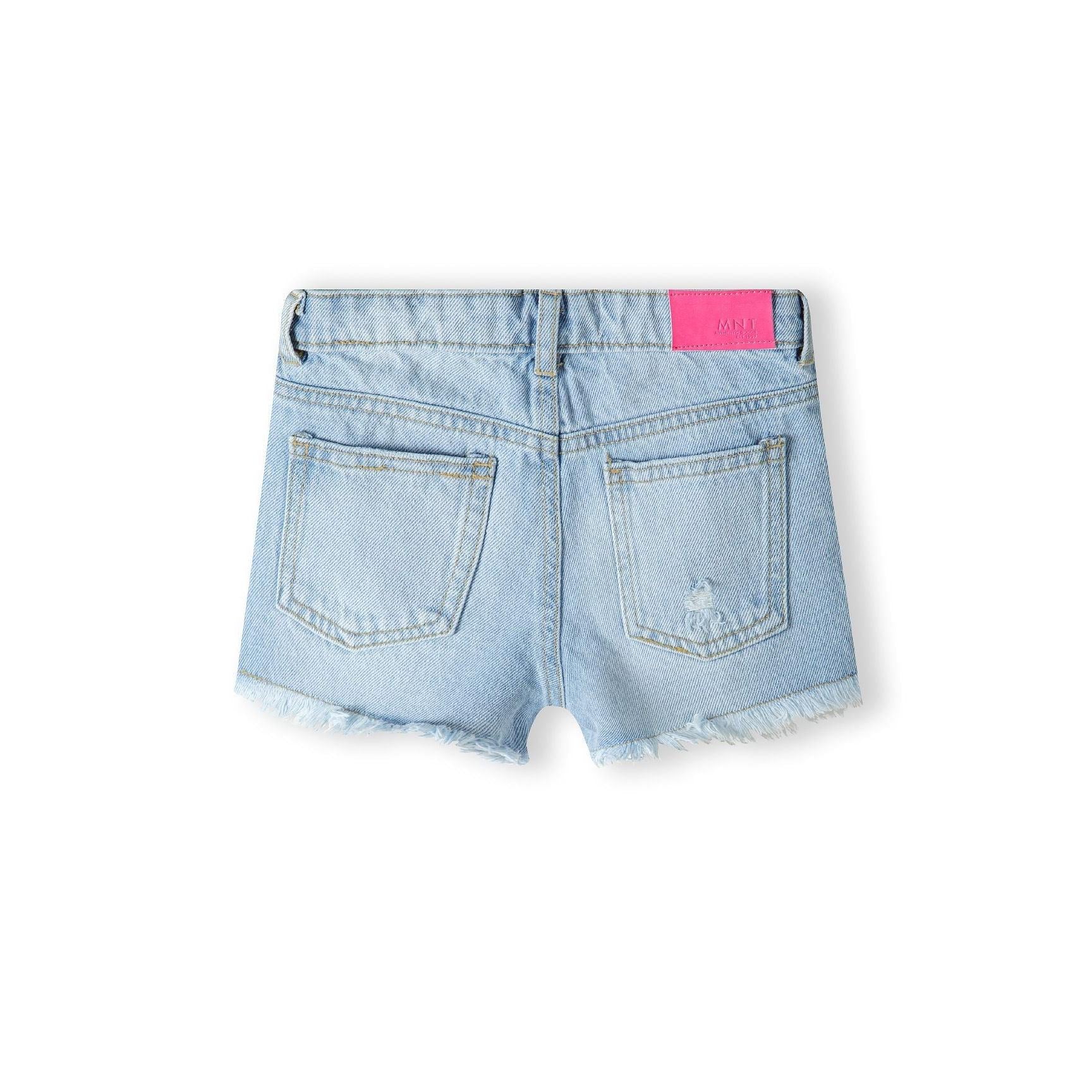Back view of light blue denim shorts showing two back pockets and pink brand label on white background