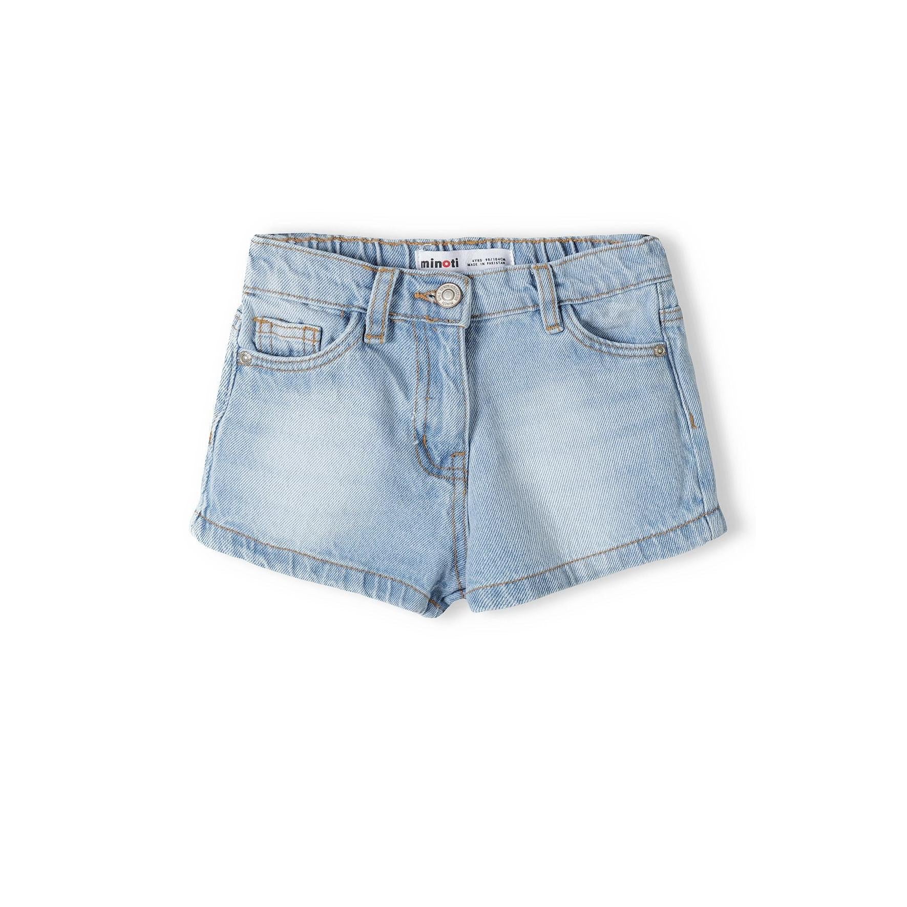 Light blue denim shorts laid flat showing front view with button closure, five pockets and rolled hem against white background