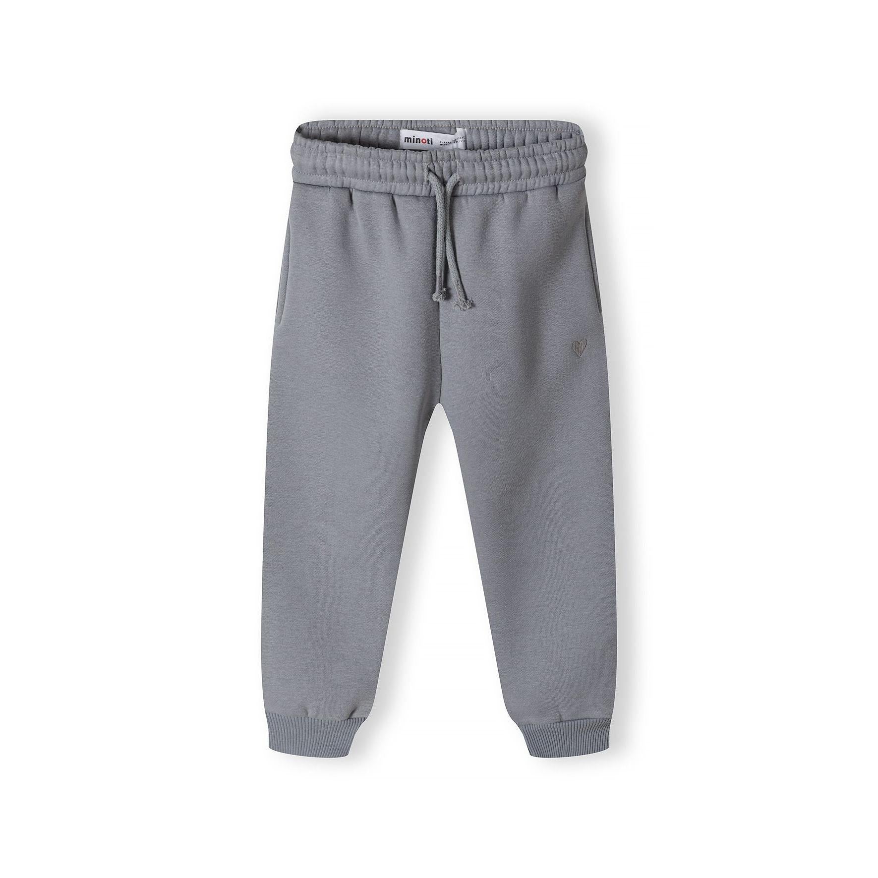 Grey fleece joggers with elasticated waistband and drawcord ties shown flat against white background