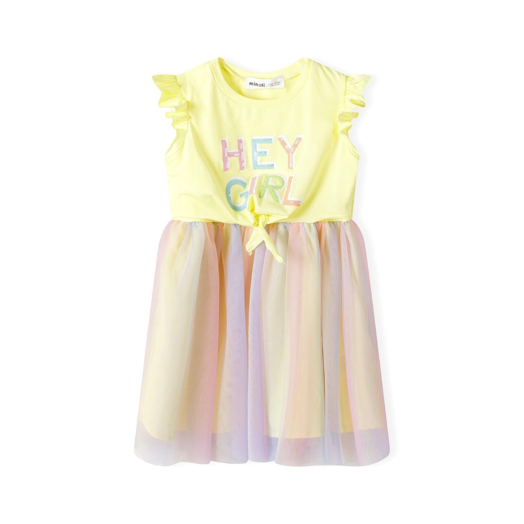 Back view of yellow dress showing frill cap sleeves and layered pastel rainbow mesh tulle skirt on white background