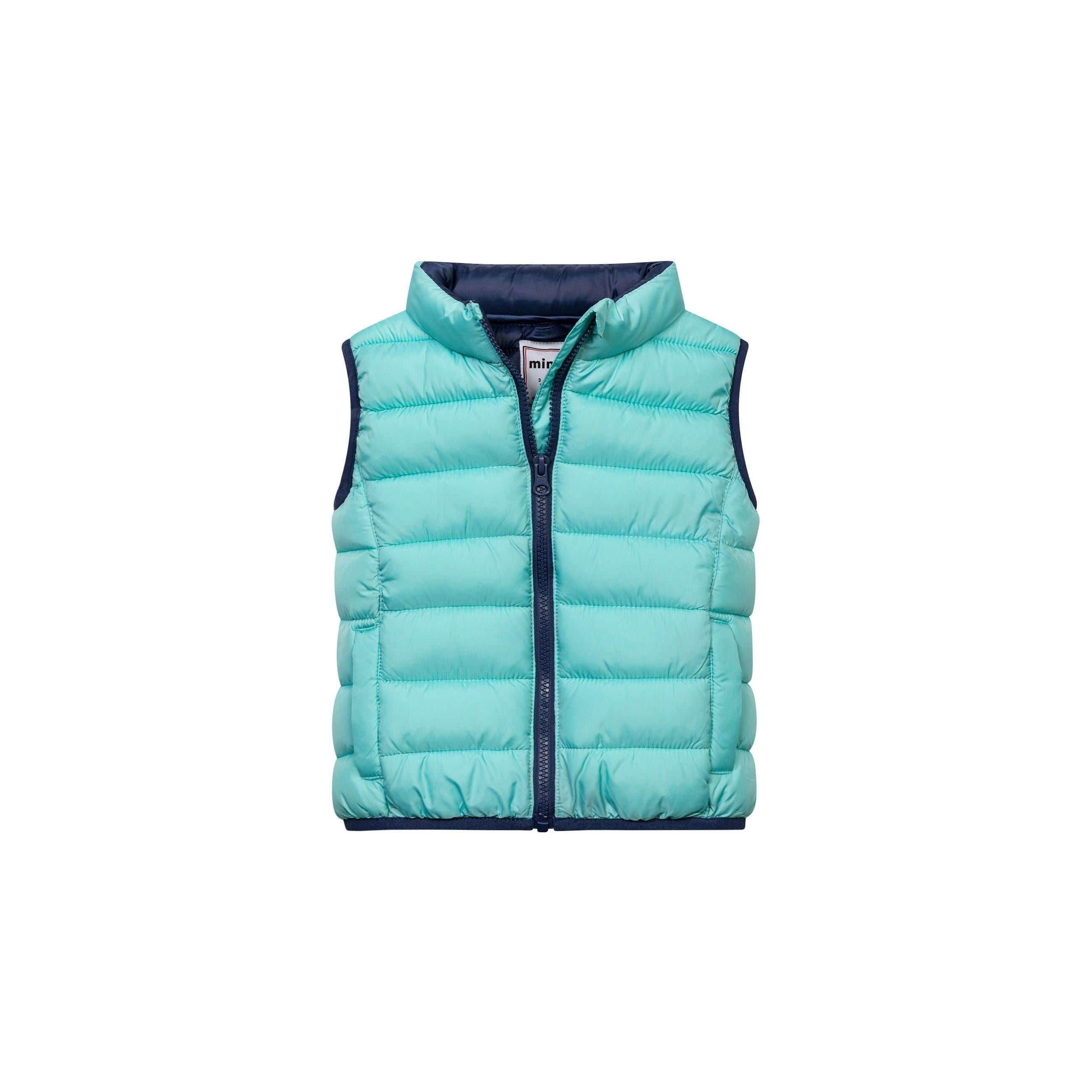 Front view of mint quilted gilet with funnel neck collar and navy blue zipper, displayed on white background