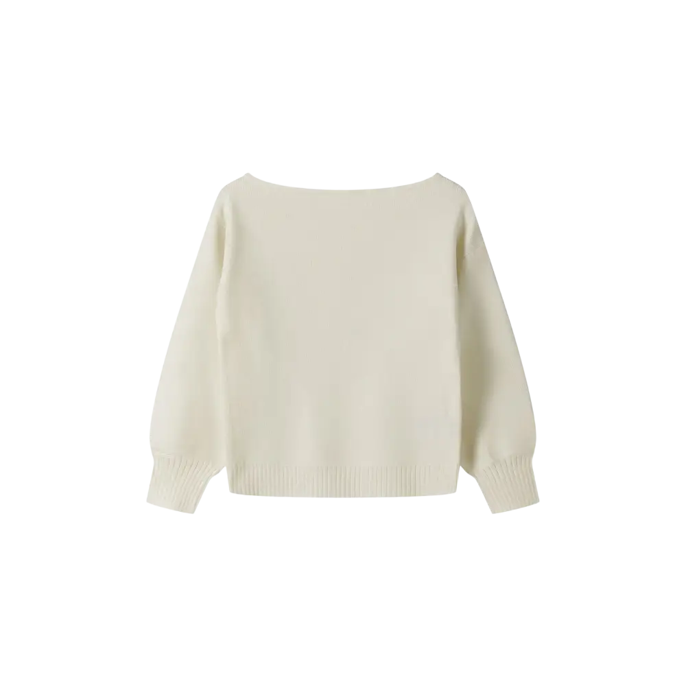 Cream textured knit jumper laid flat showing boat neckline, long sleeves and ribbed cuffs against black background