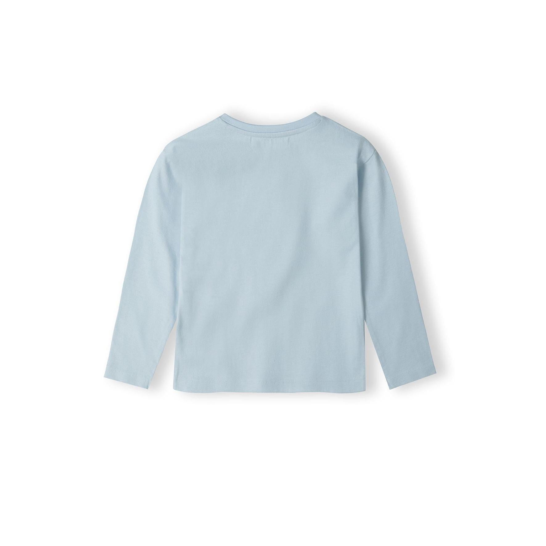 Back view of light blue long sleeve t-shirt showing plain design and relaxed fit on white background
