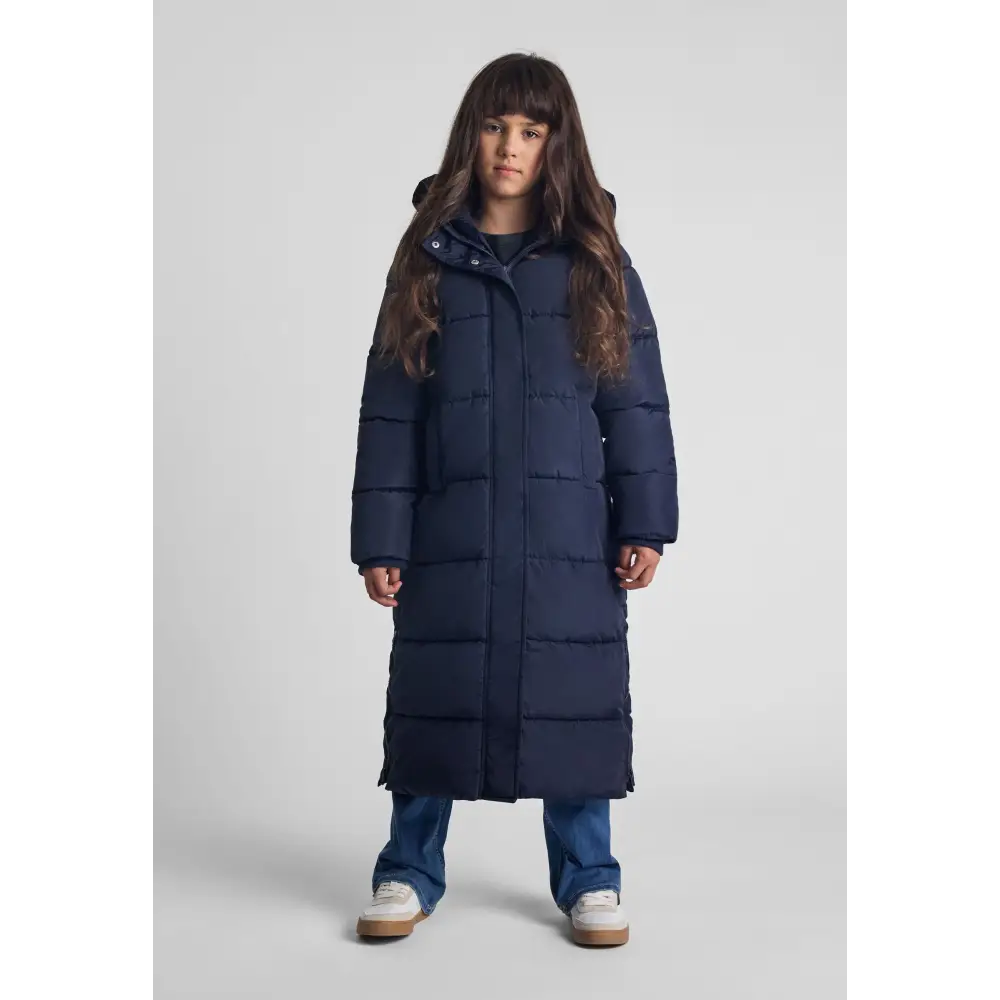Back view of navy quilted parka showing horizontal quilting pattern and fixed hood against white background