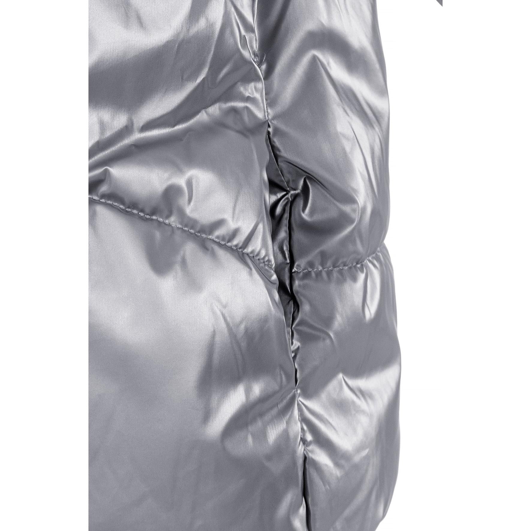 Close-up detail of grey metallic padded jacket showing quilted construction and fabric texture with contrast zip fastening