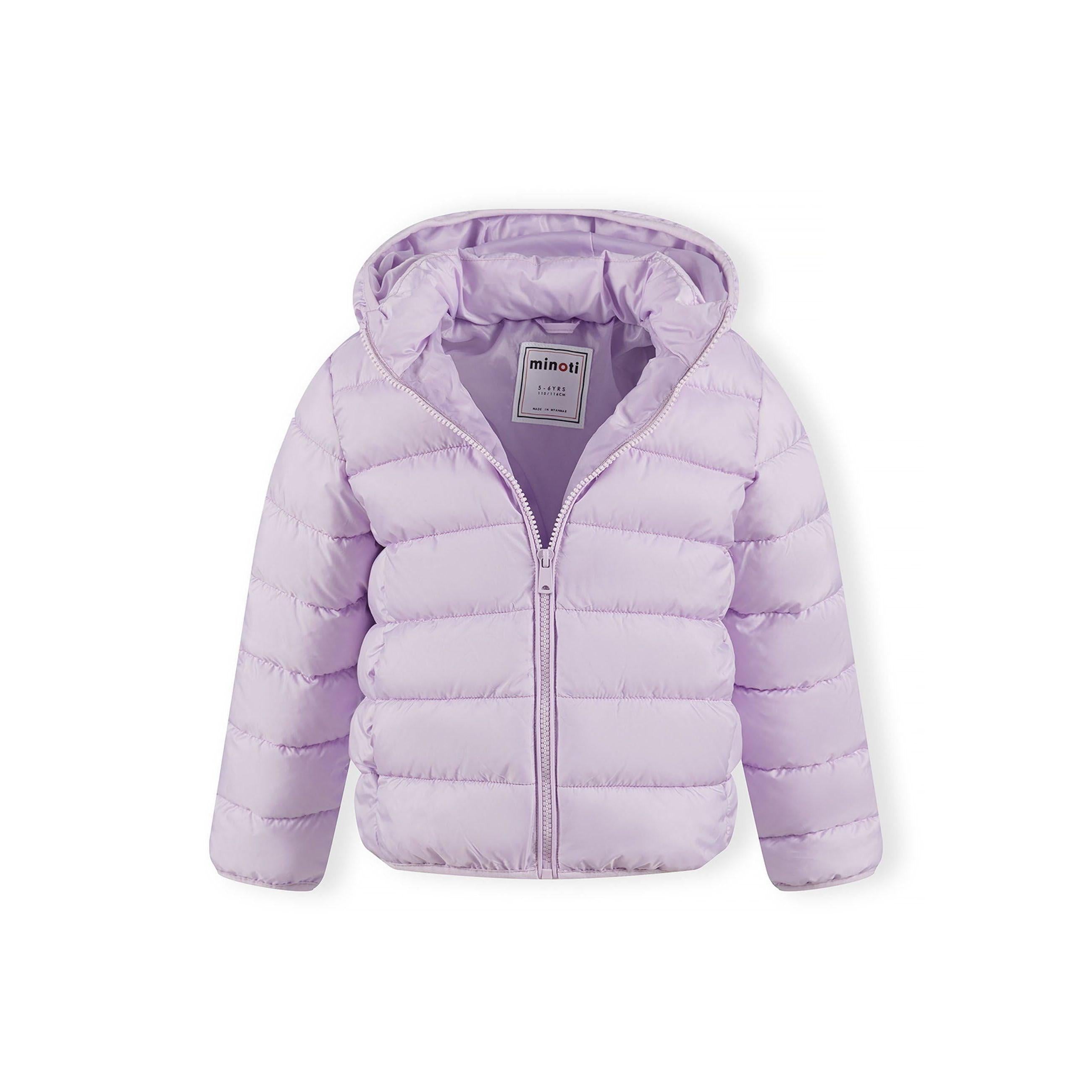 Detail view of lilac quilted jacket zip area and quilted padding pattern with hood visible