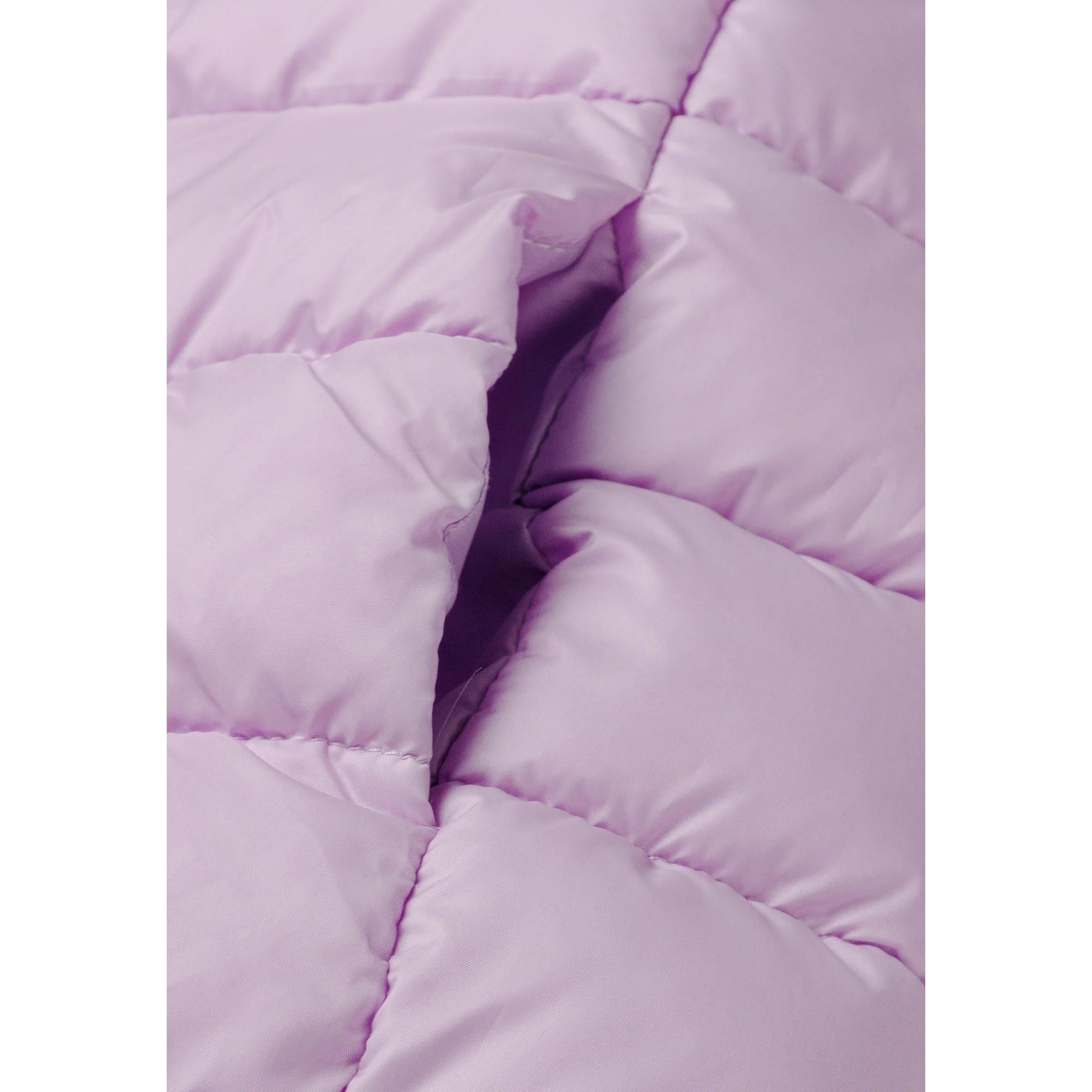 Detail view of lilac quilted jacket zip area and quilted padding pattern with hood visible