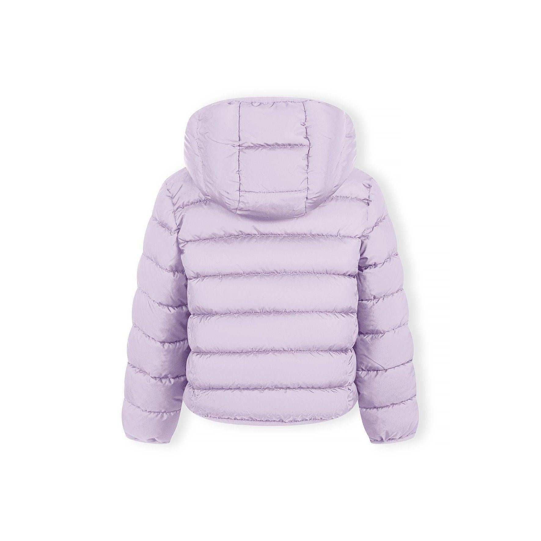 Detail view of lilac quilted jacket zip area and quilted padding pattern with hood visible