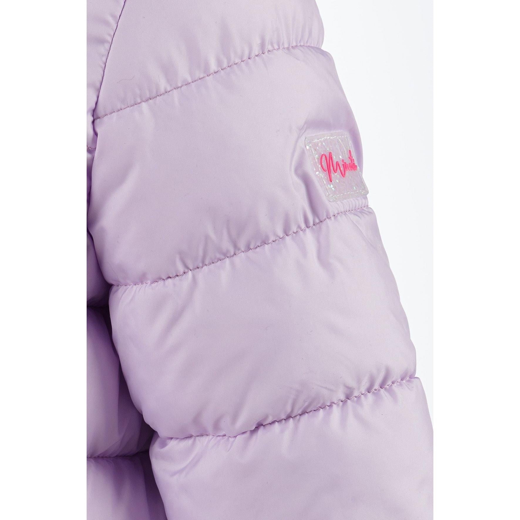 Detail view of lilac quilted jacket zip area and quilted padding pattern with hood visible