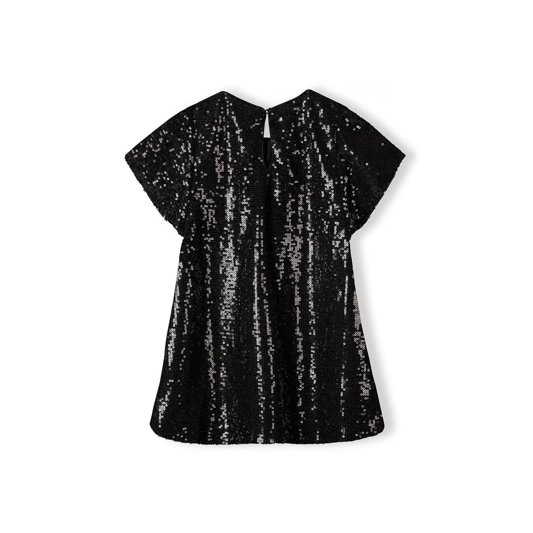 Back view of black sequin dress showing flutter sleeves, round neckline and sparkly sequin fabric texture against white background