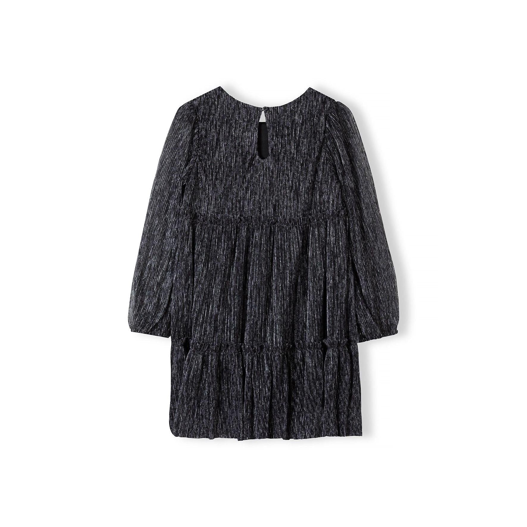 Black sparkle party dress laid flat showing full design with tiered skirt, balloon sleeves, and keyhole neckline on white background