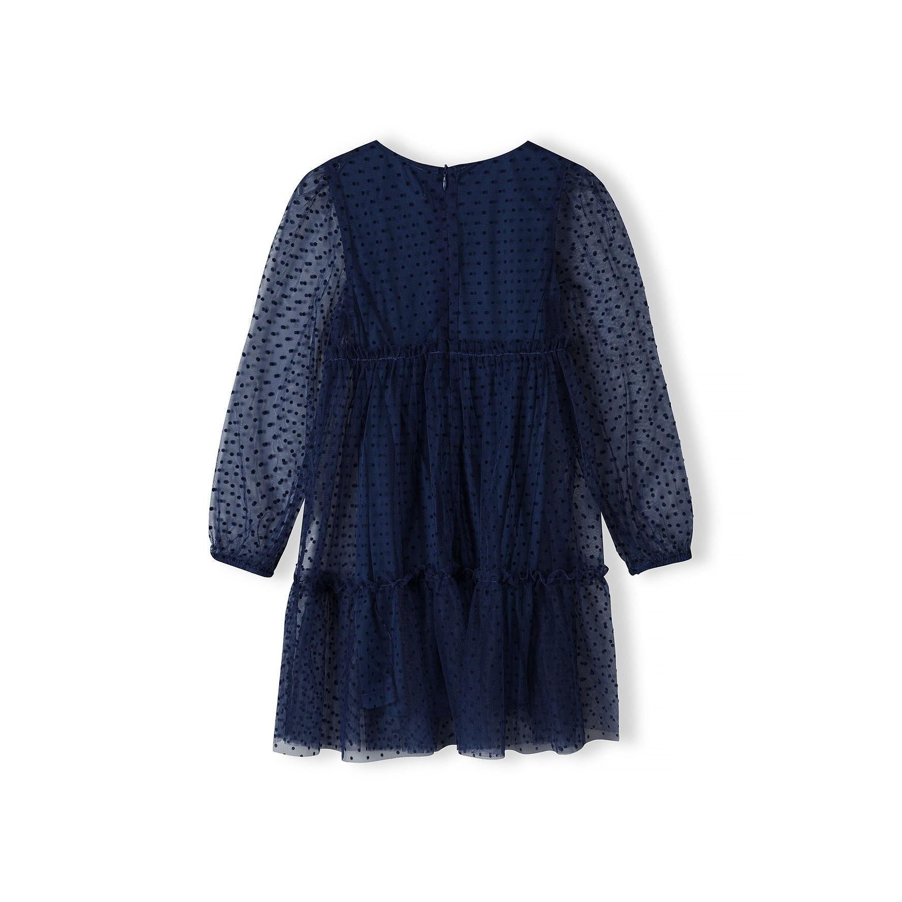 Back view of navy party dress showing dotted net fabric pattern, balloon sleeve construction, tiered skirt design and back zip closure on white background
