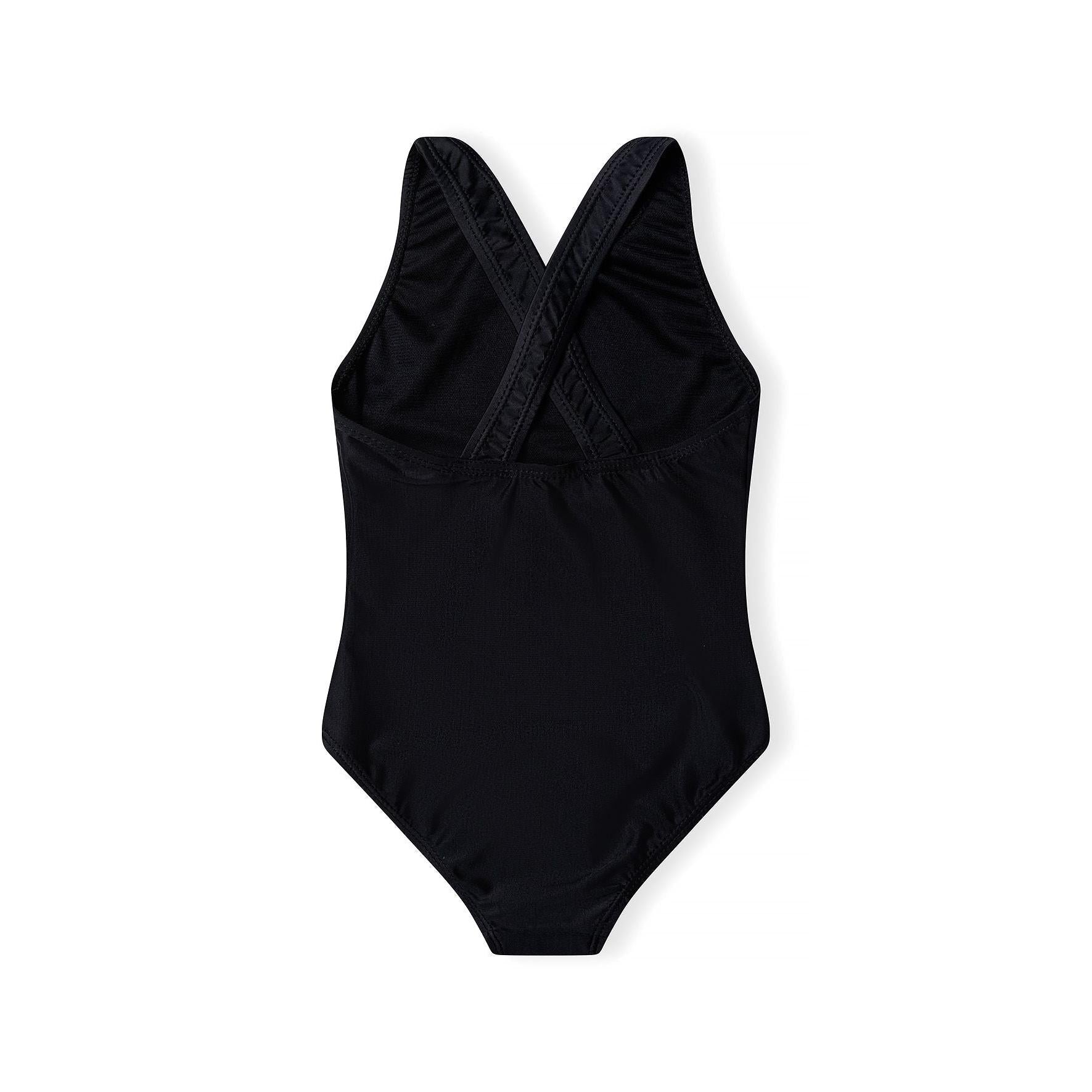 Back view of black swimsuit showing crossed strap design and plain back panel, displayed flat on white background