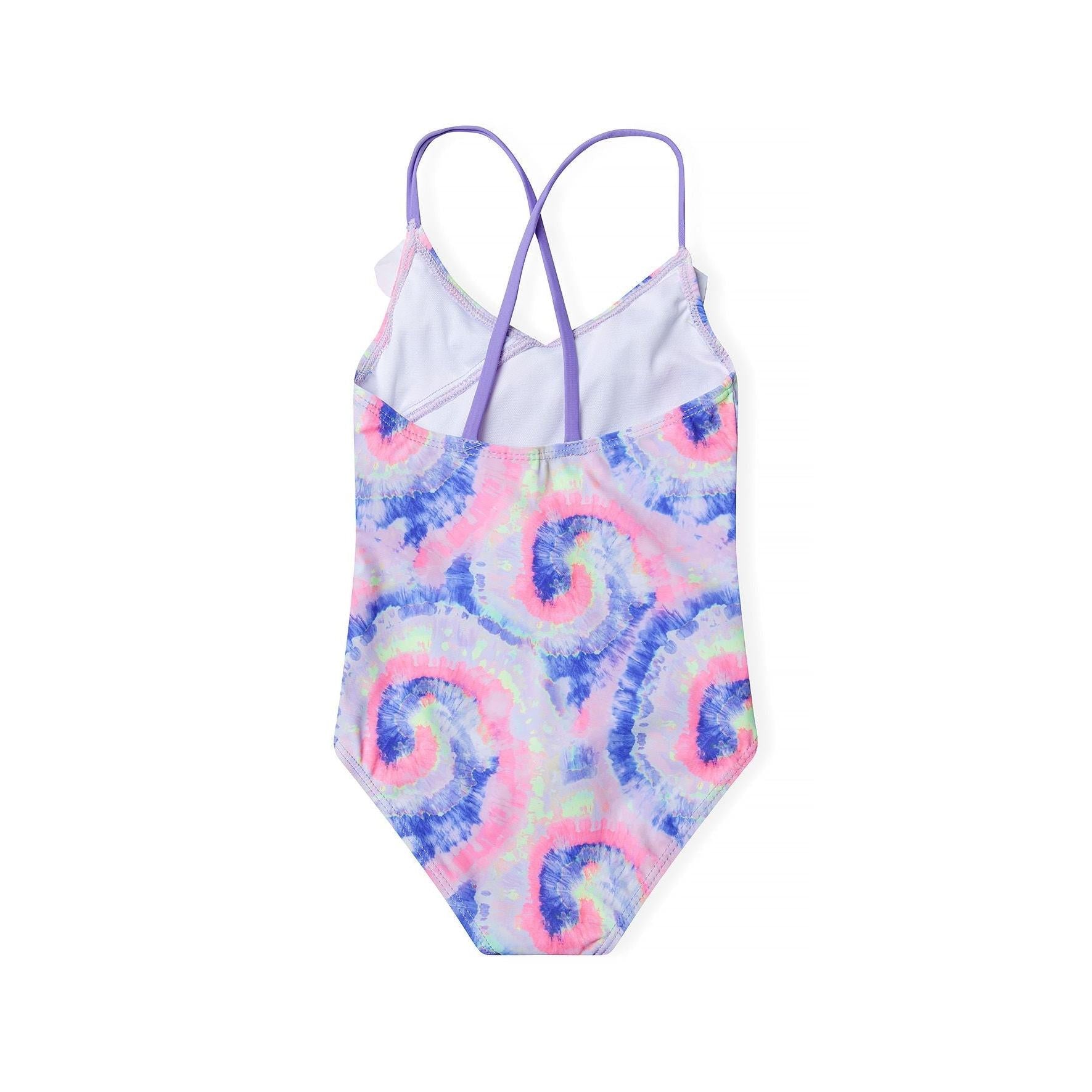 Back view of lilac tie-dye swimsuit showing cross-back strap design and full tie-dye pattern coverage on white background