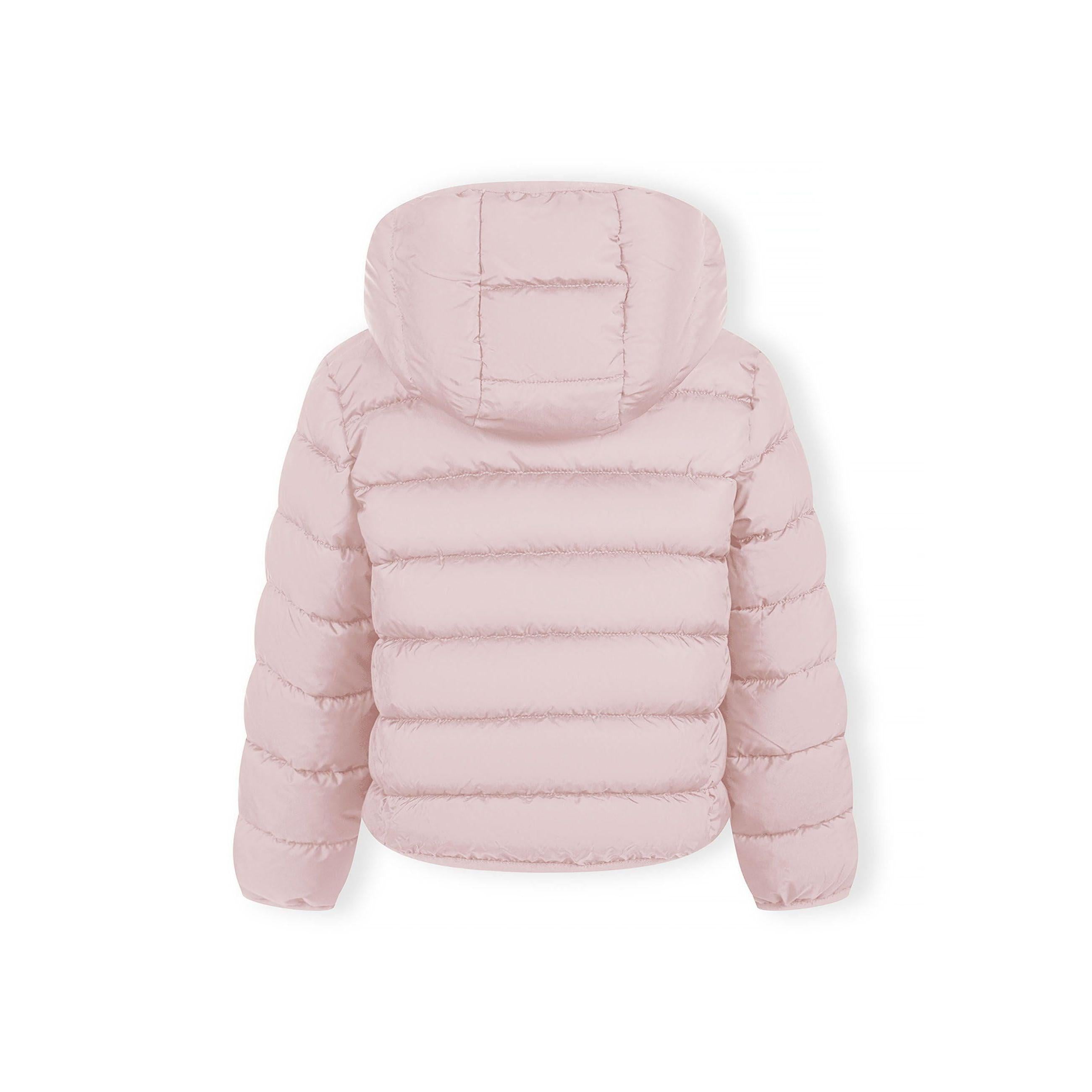 Detail view of pink quilted jacket fabric showing quilted texture, zip fastening and hood attachment