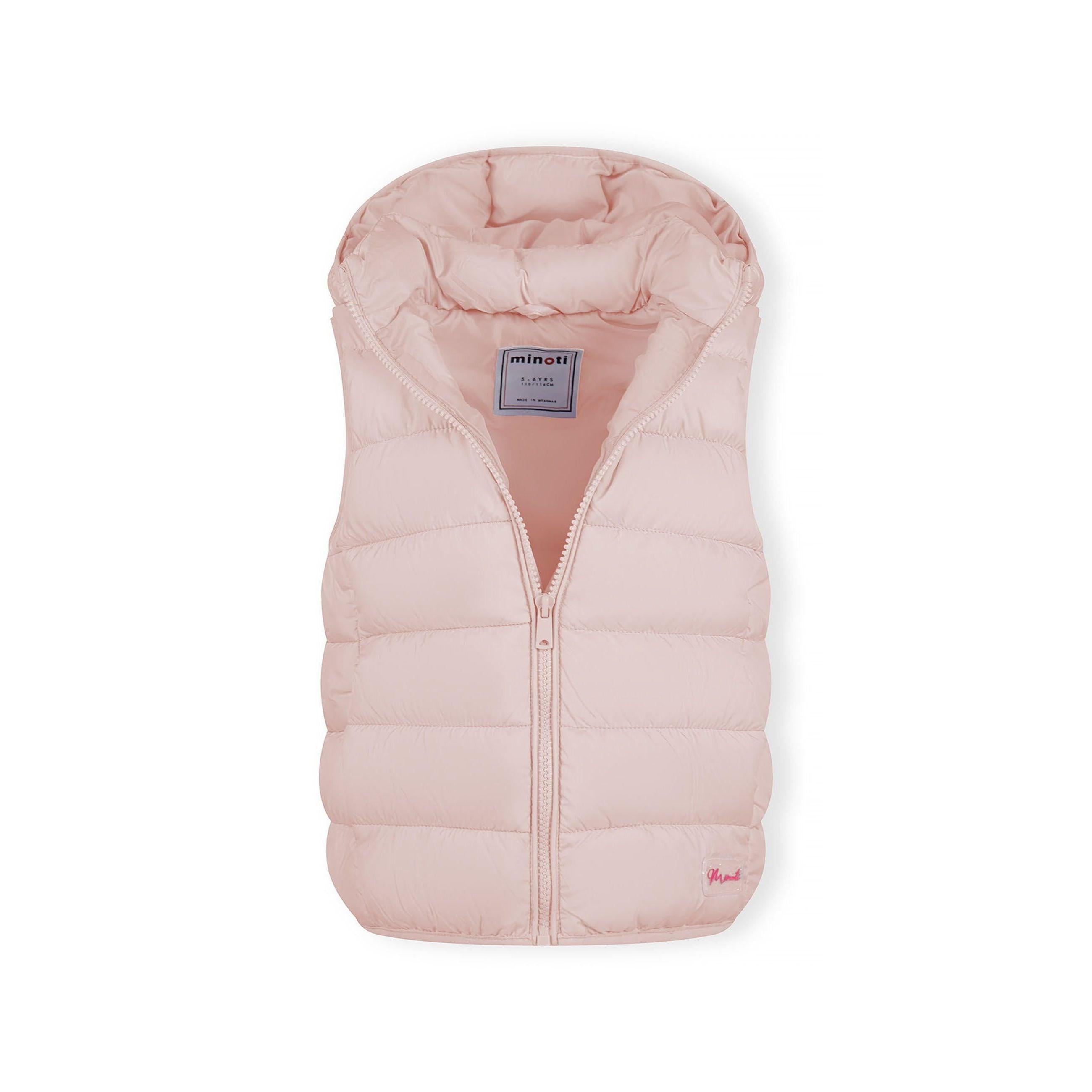 Pink quilted gilet laid flat showing detachable hood with zip closure and Minoti brand label visible inside