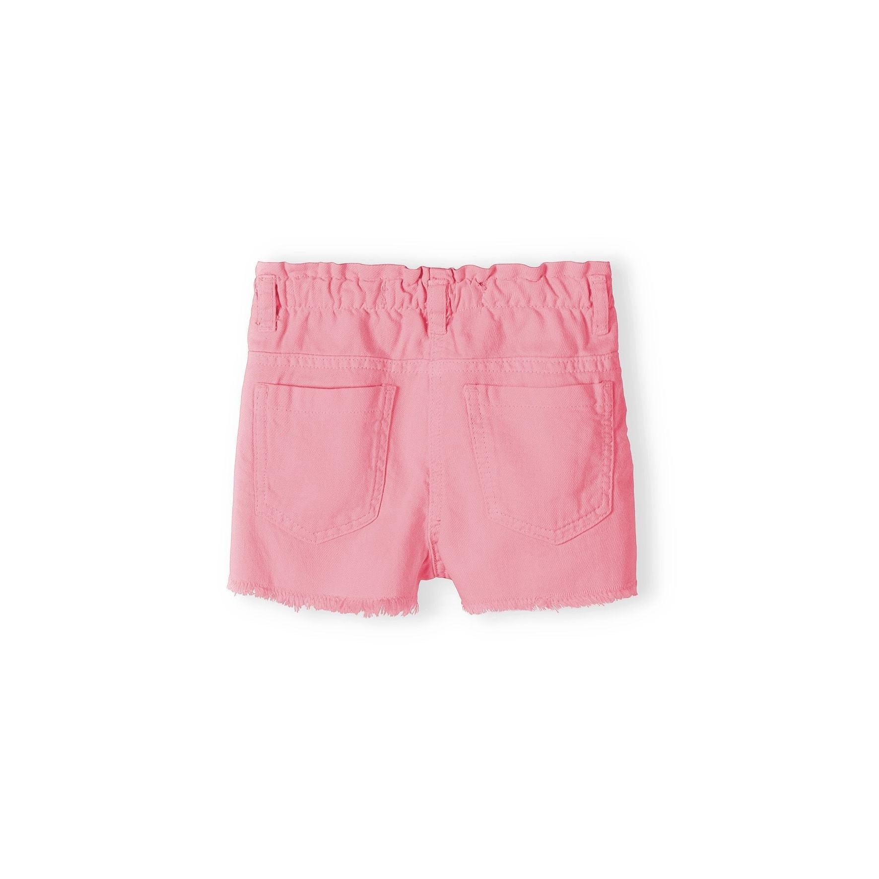 Back view of coral pink twill shorts showing elasticated waistband and back pockets on white background
