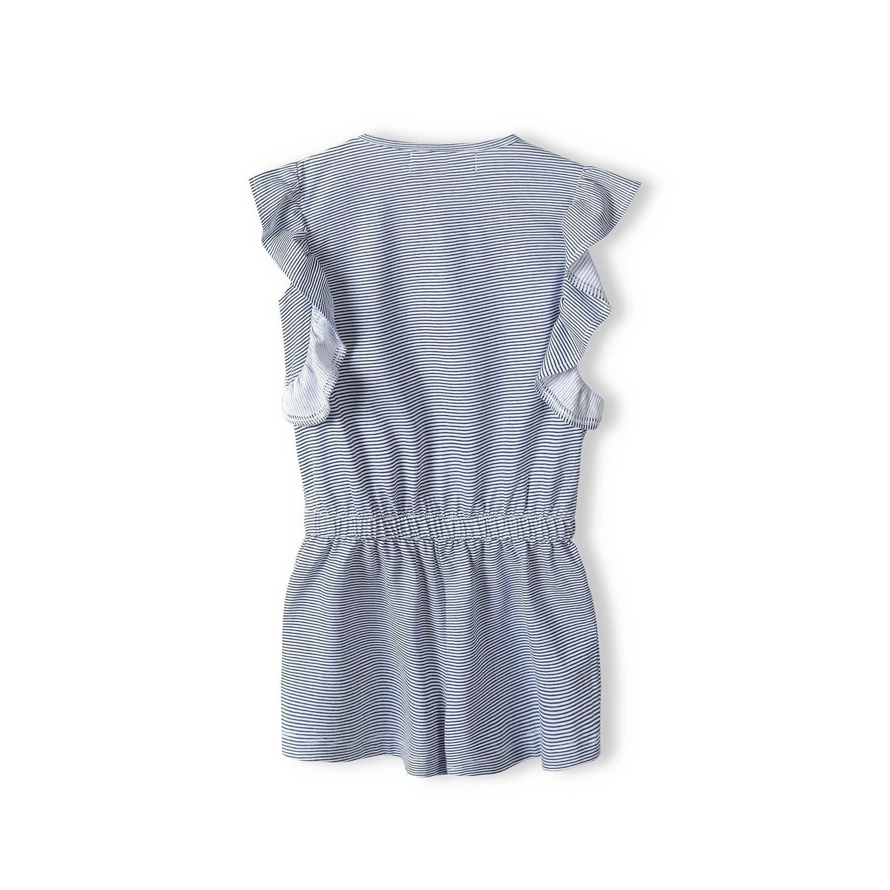 Back view of navy and white striped playsuit laid flat showing elasticated waist detail and frill sleeve construction