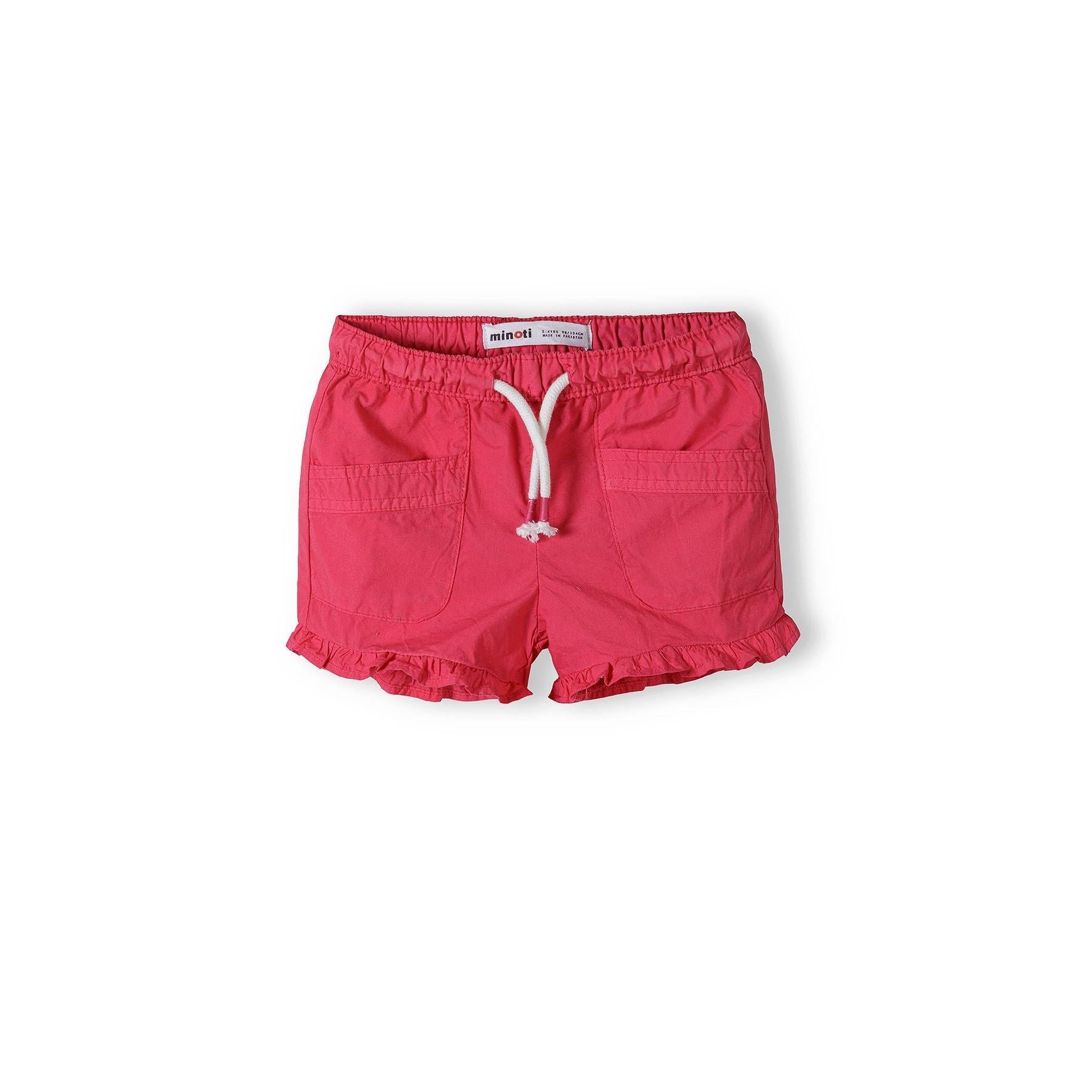 Back view of pink poplin shorts showing elasticated waistband and ruffle hem detail on white background