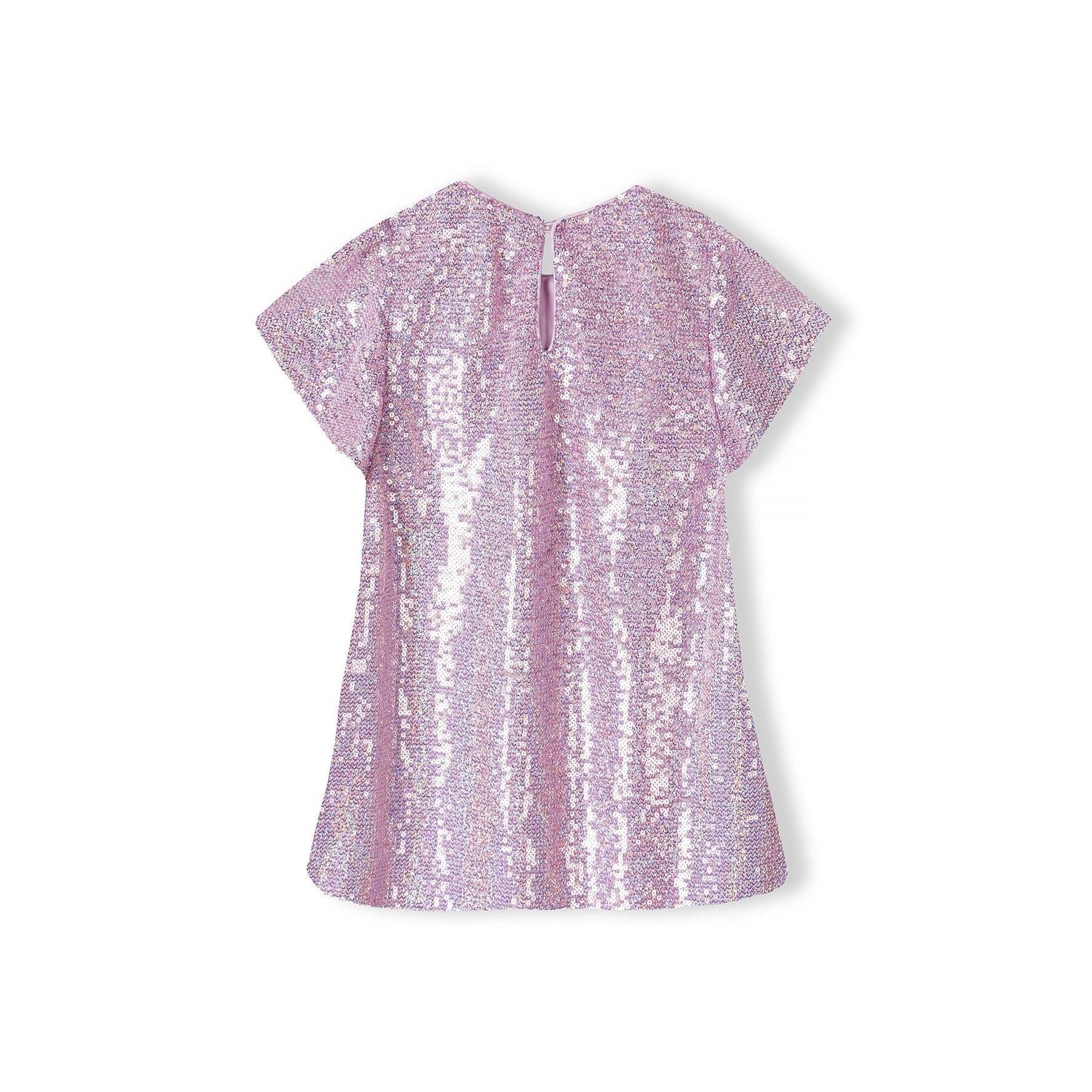 Back view of pink sequin dress showing short sleeves, round neckline and full sequin coverage on white background