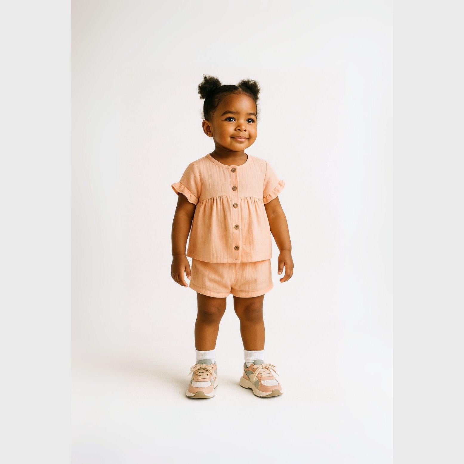 Young girl wearing coral button-front top with ruffle sleeves and matching shorts, standing against white studio background with space buns hairstyle