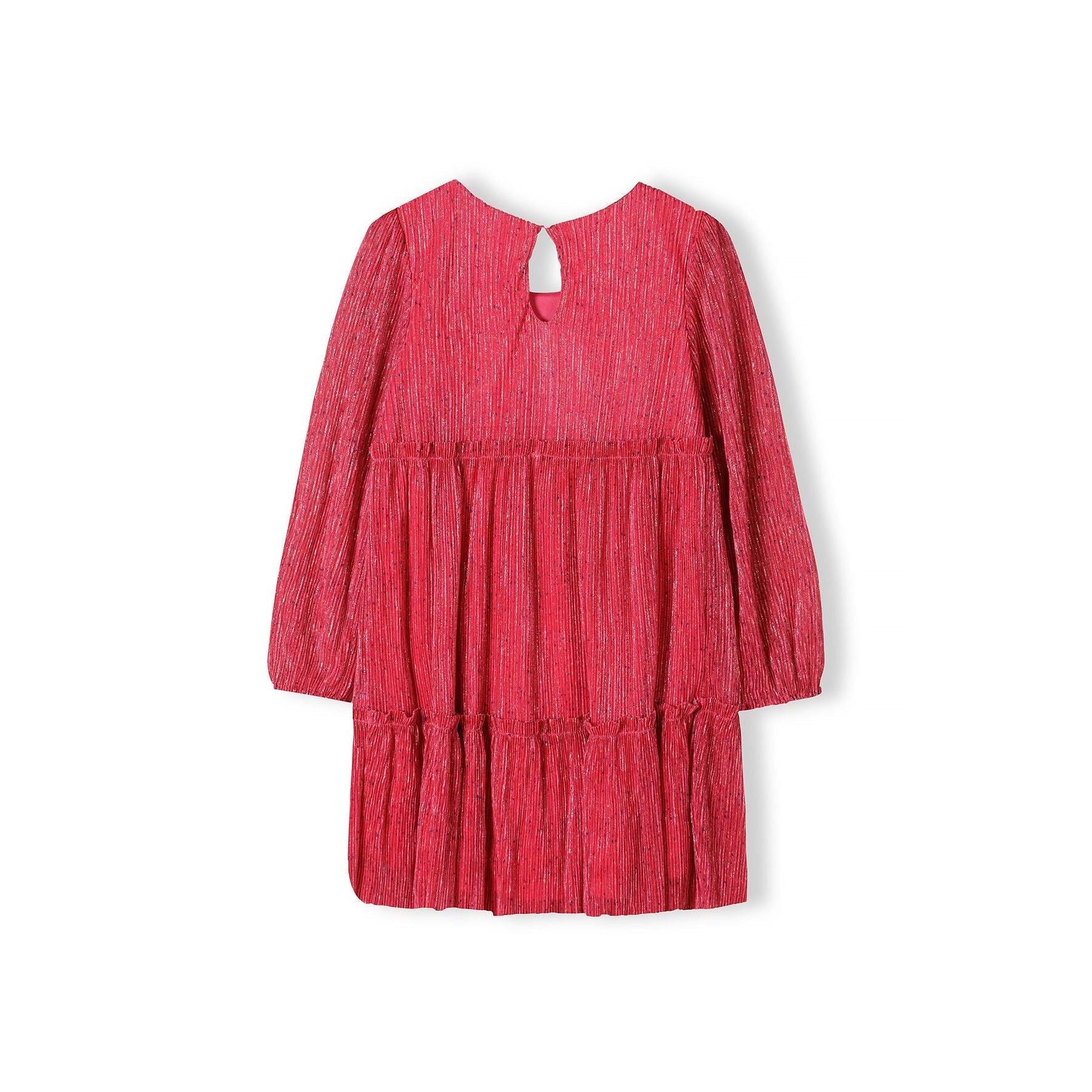 Back view of pink sparkle pleated party dress showing keyhole neckline with button fastening and tiered construction, laid flat on white background