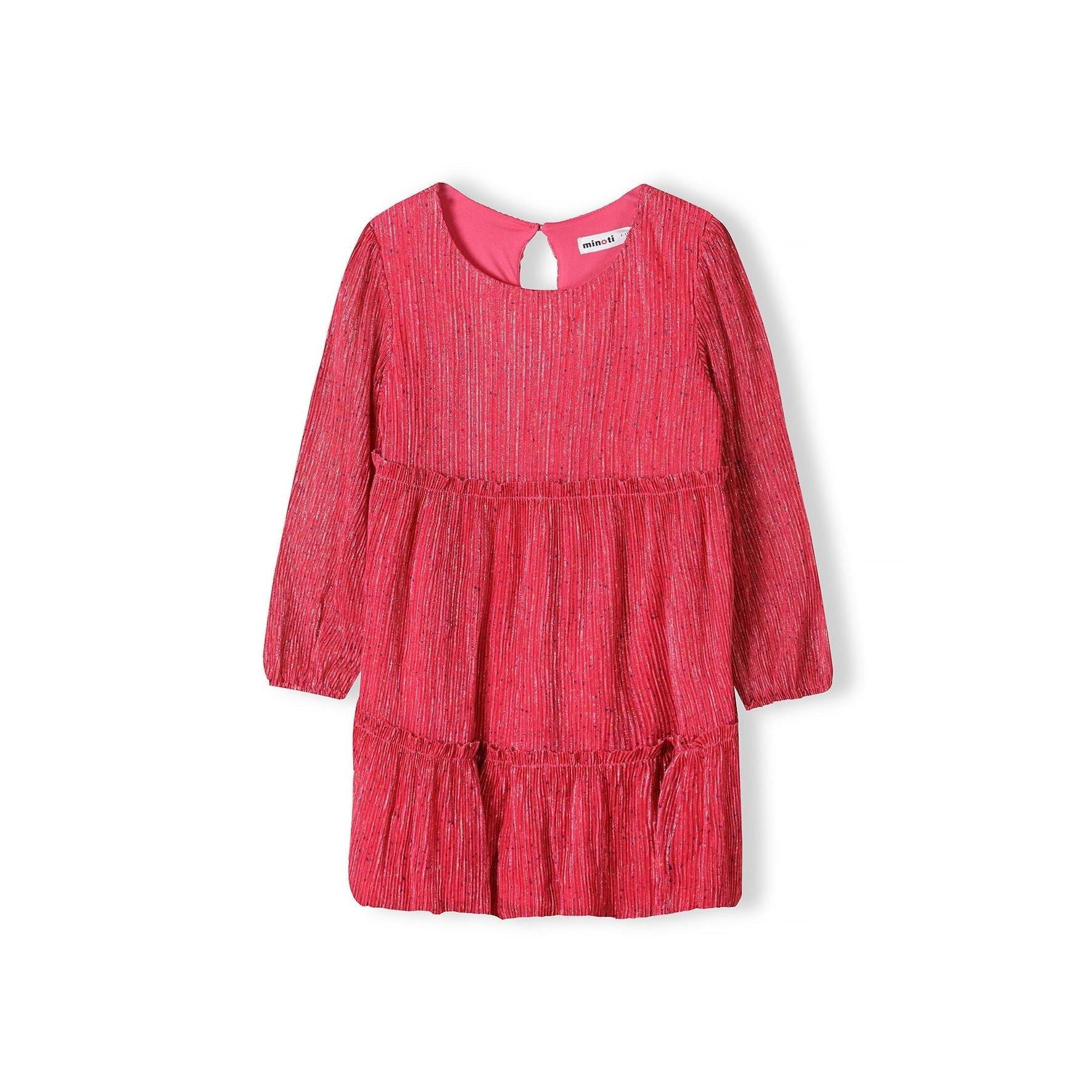 Back view of pink sparkle pleated party dress showing keyhole neckline with button fastening and tiered construction, laid flat on white background