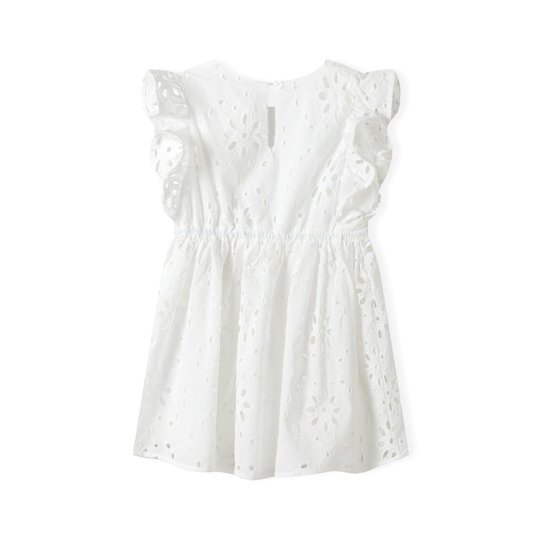 Back view of white embroidered dress showing keyhole button closure and full ruffle sleeve details