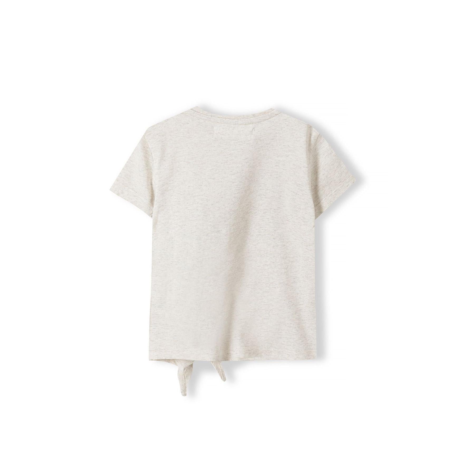 Back view of beige melange tie-front t-shirt showing plain design and tie detail at hem on white background