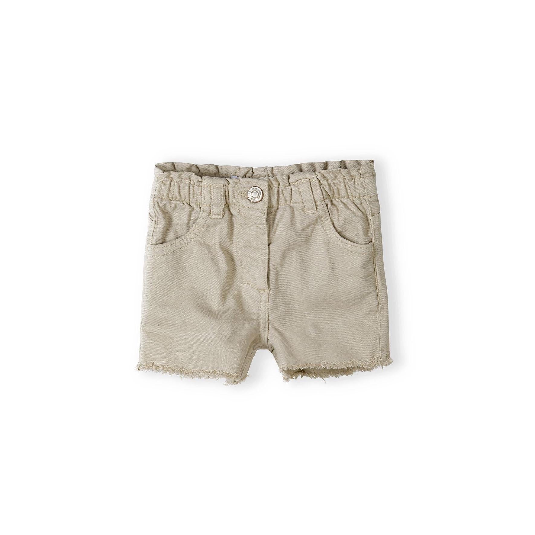 Flat lay of grey twill shorts showing back view with elasticated waist and pocket details on white background