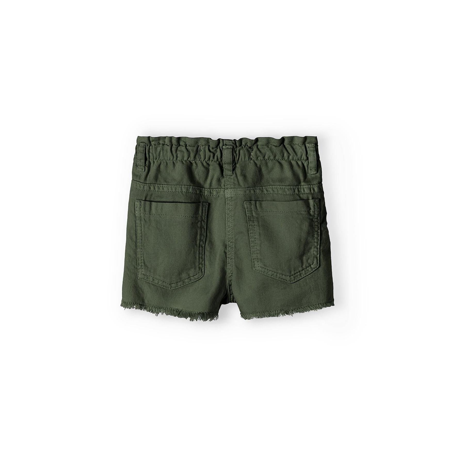 Back view of khaki twill shorts showing elasticated waistband, back pockets and raw hem detail on white background