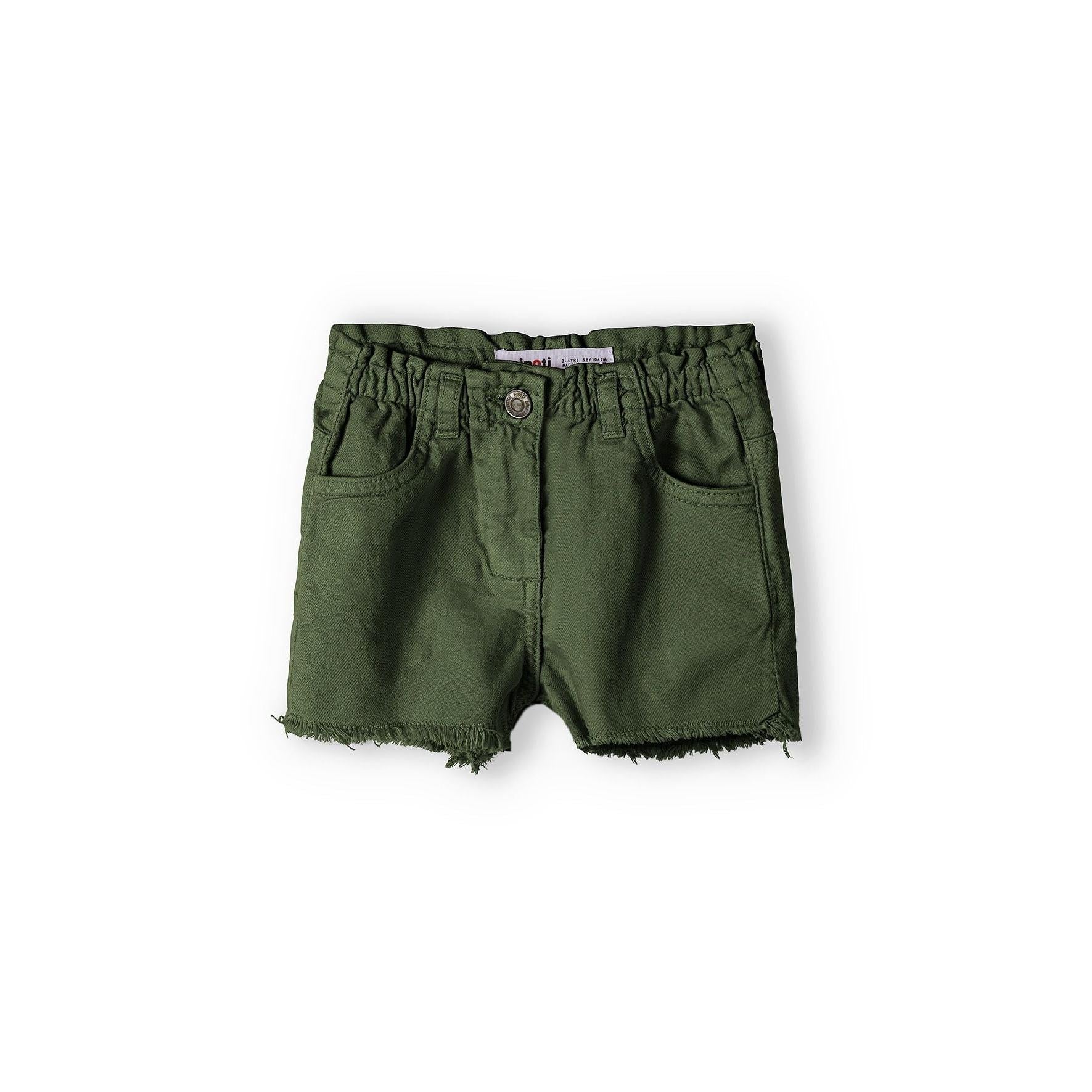 Back view of khaki twill shorts showing elasticated waistband, back pockets and raw hem detail on white background