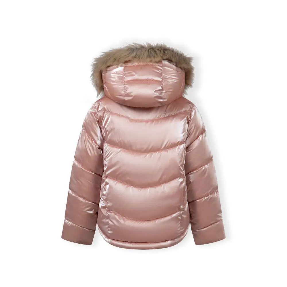 Close-up detail of metallic pink jacket showing zip closure, quilted texture and reflective fabric surface