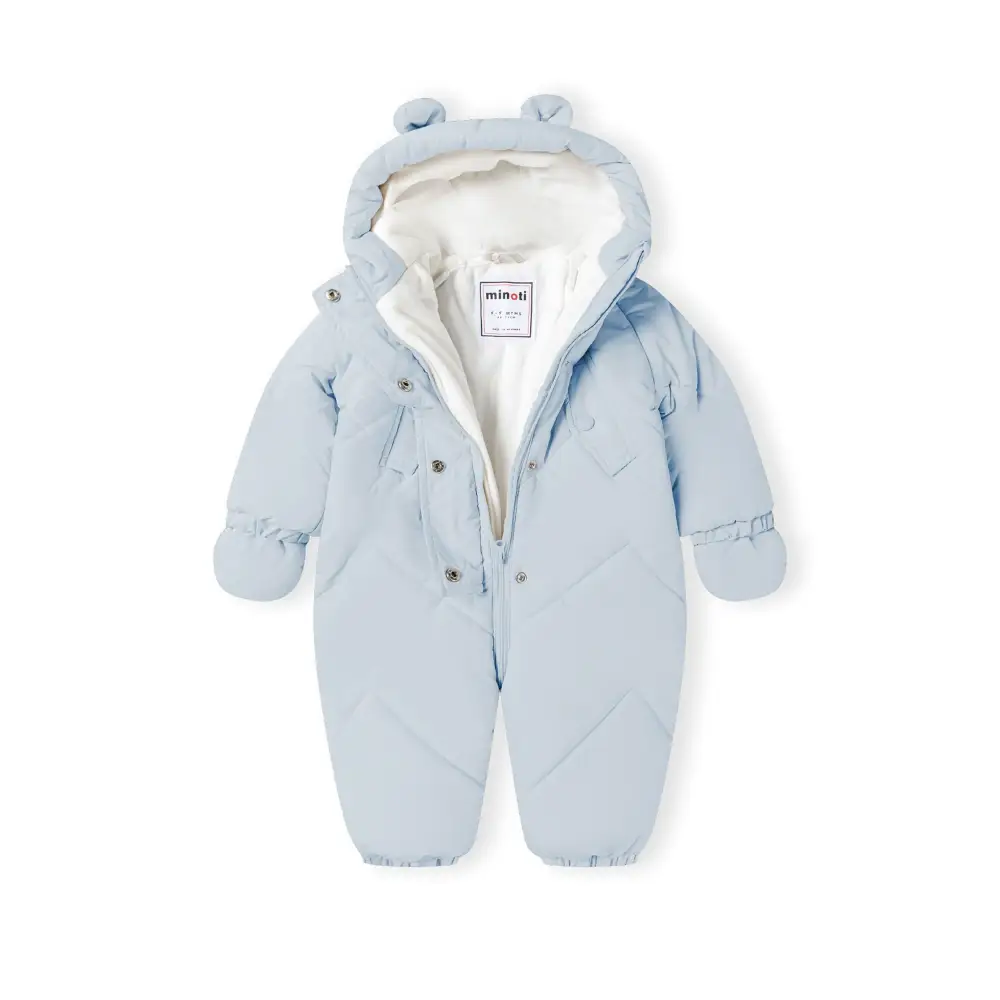 Close-up detail of light blue snowsuit sleeve showing quilted texture, elasticated cuff with gathered fabric on white background