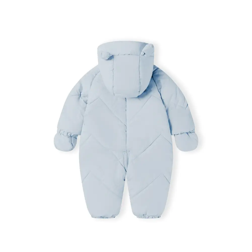 Light blue quilted baby snowsuit with hood and 3D ears displayed flat on white background, showing full front view with zip fastening
