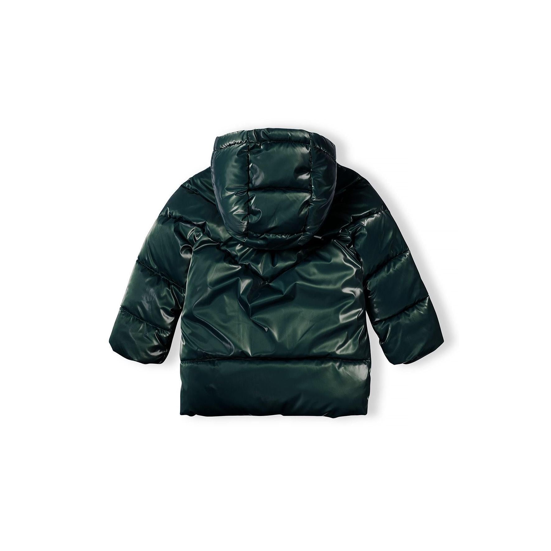 Back view of metallic dark green padded jacket showing quilted design and hood construction on white background